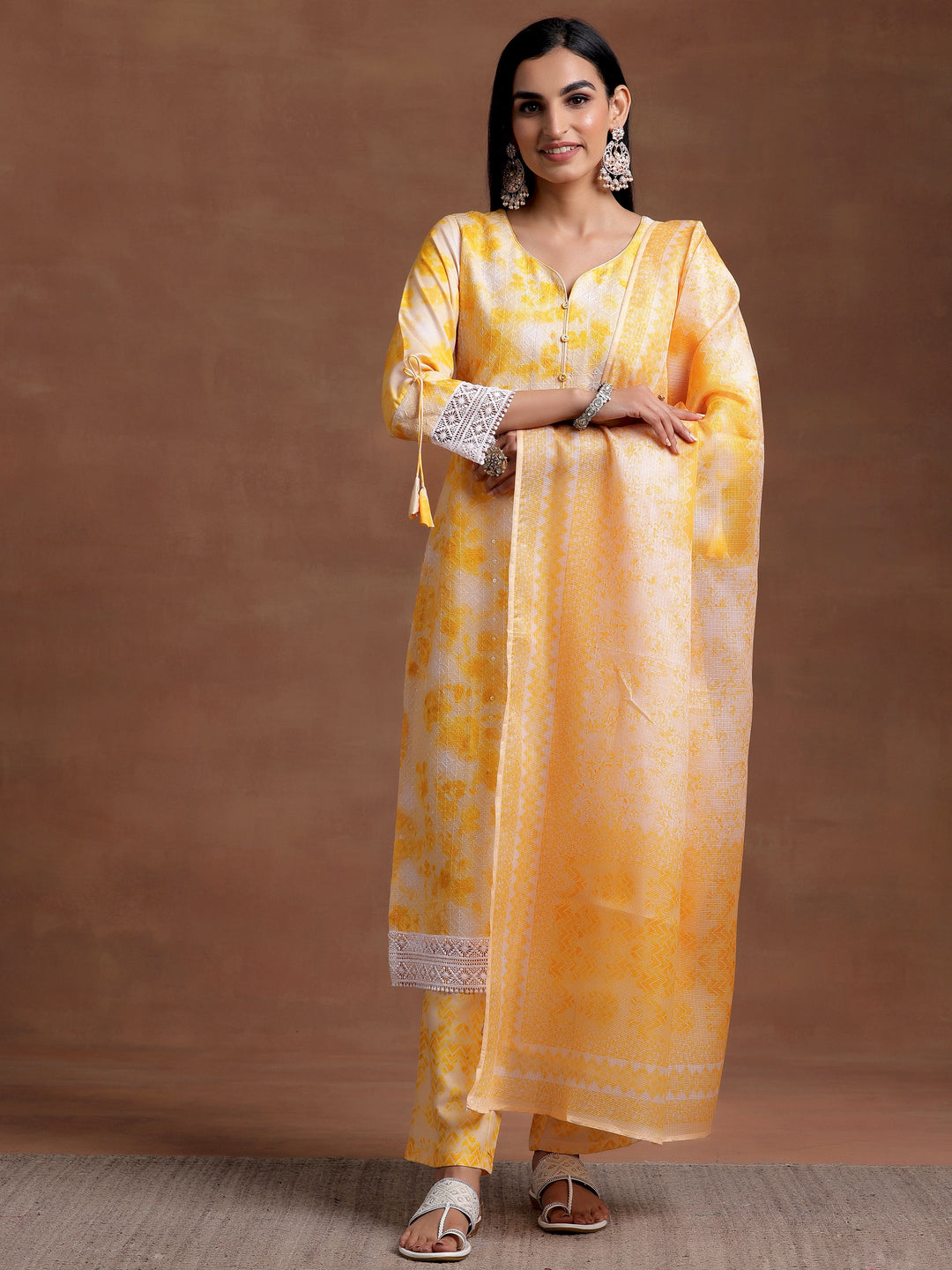 Yellow Embroidered Cotton Blend Straight Suit With Dupatta