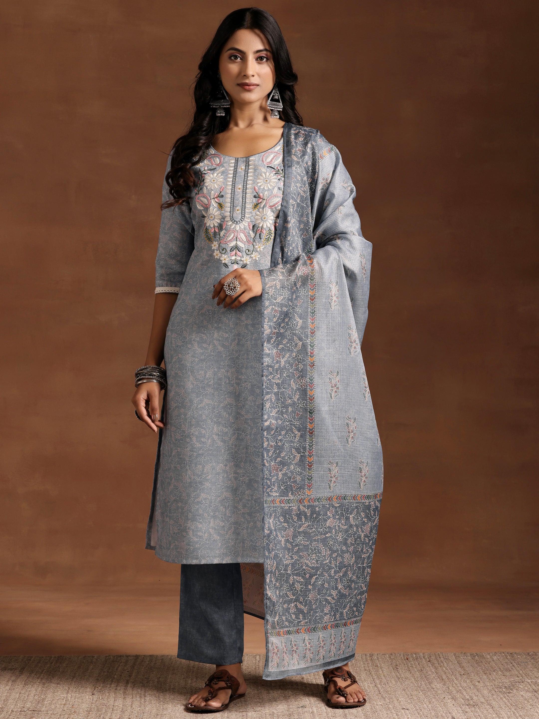 Grey Yoke Design Cotton Straight Suit With Dupatta