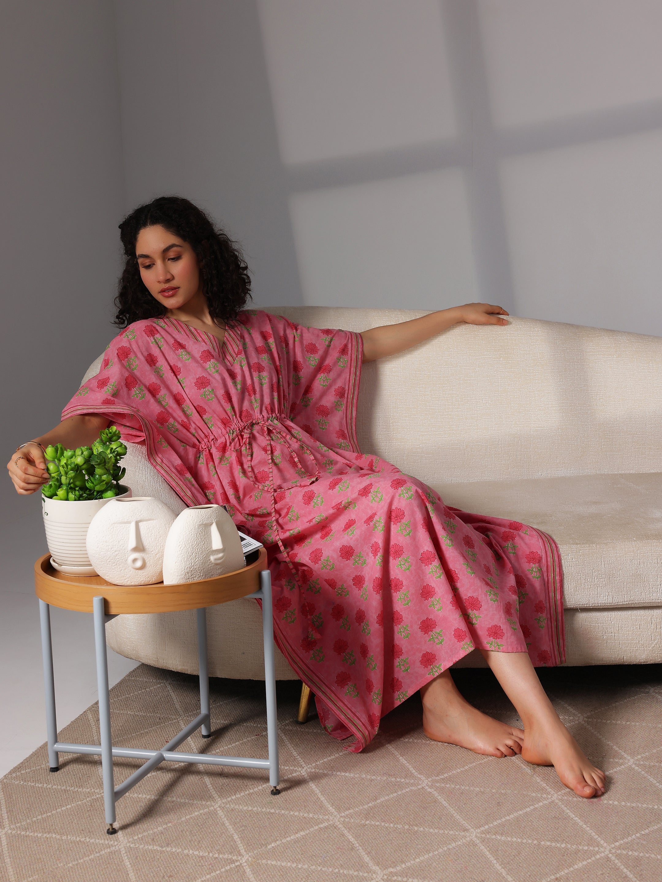 Pink Printed Cotton Kaftan Night Dress