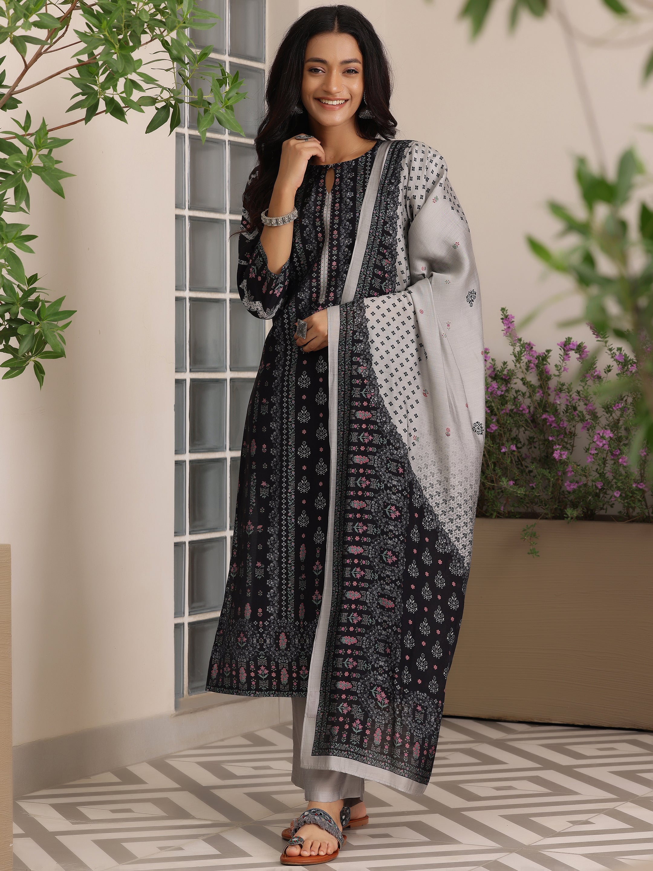 Black Printed Silk Blend Straight Suit With Dupatta