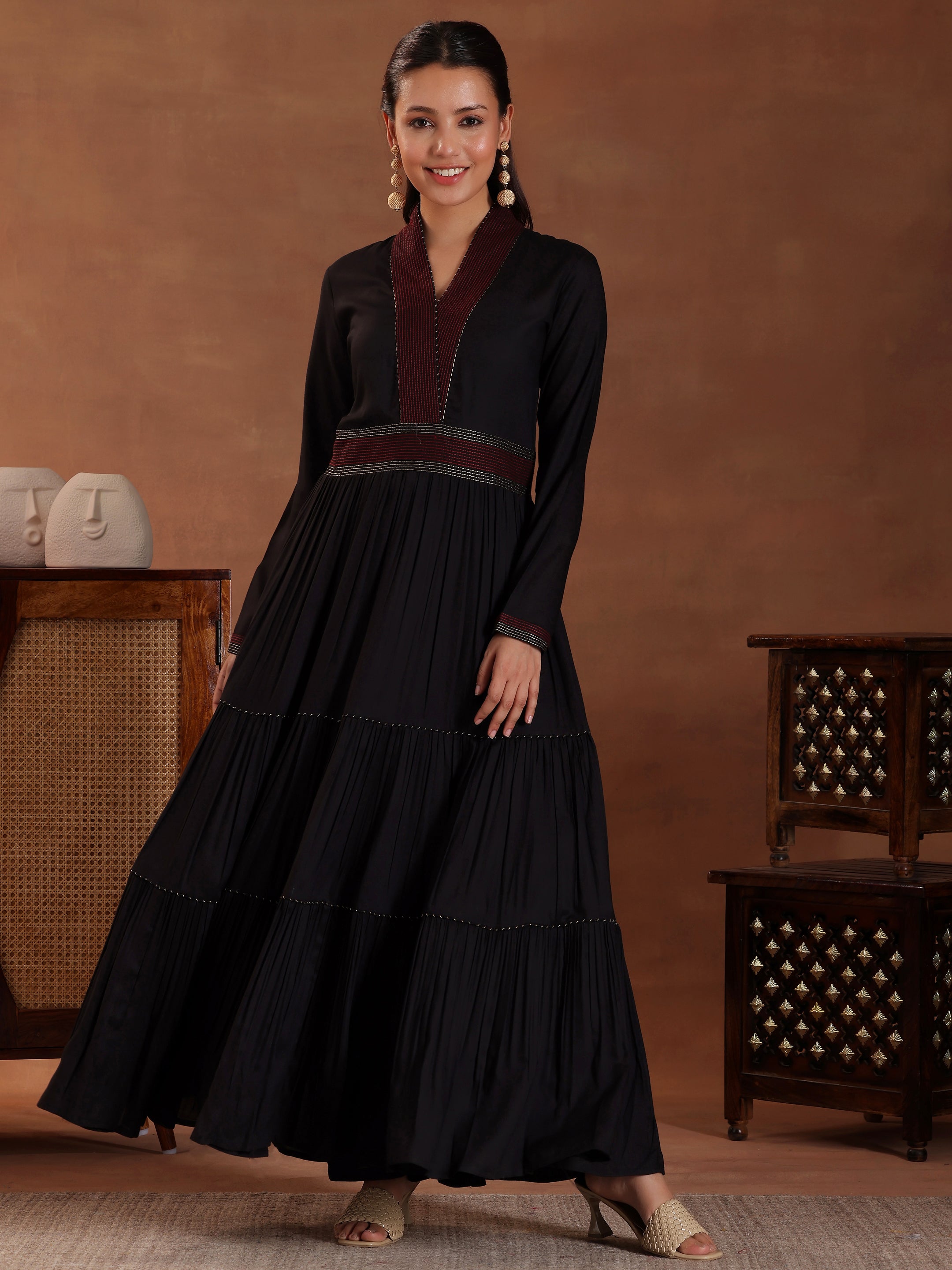 Black Self Design Pure Cotton A-Line Kurta With Sharara & Dupatta