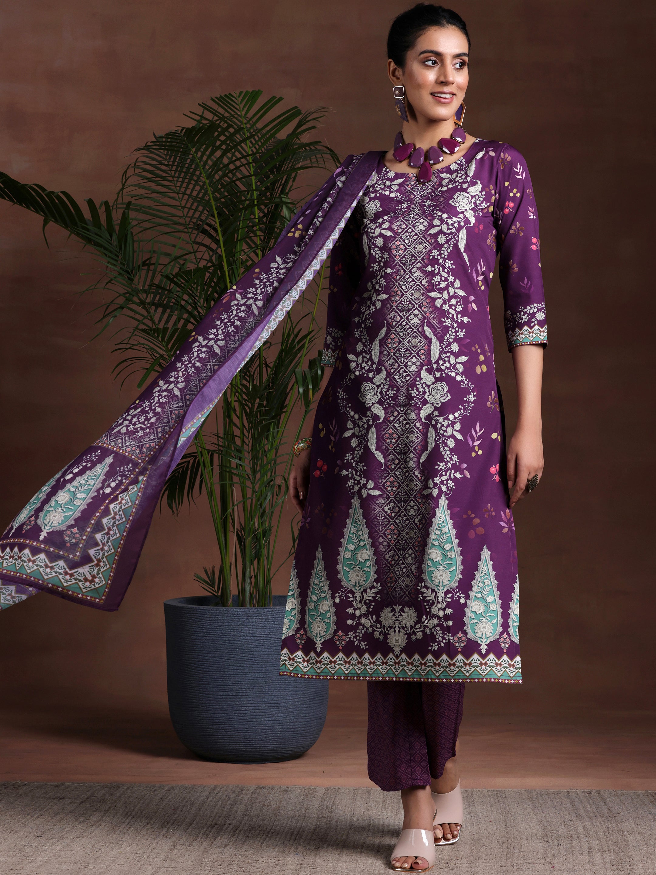 Wine Printed Poly Crepe Straight Suit With Dupatta