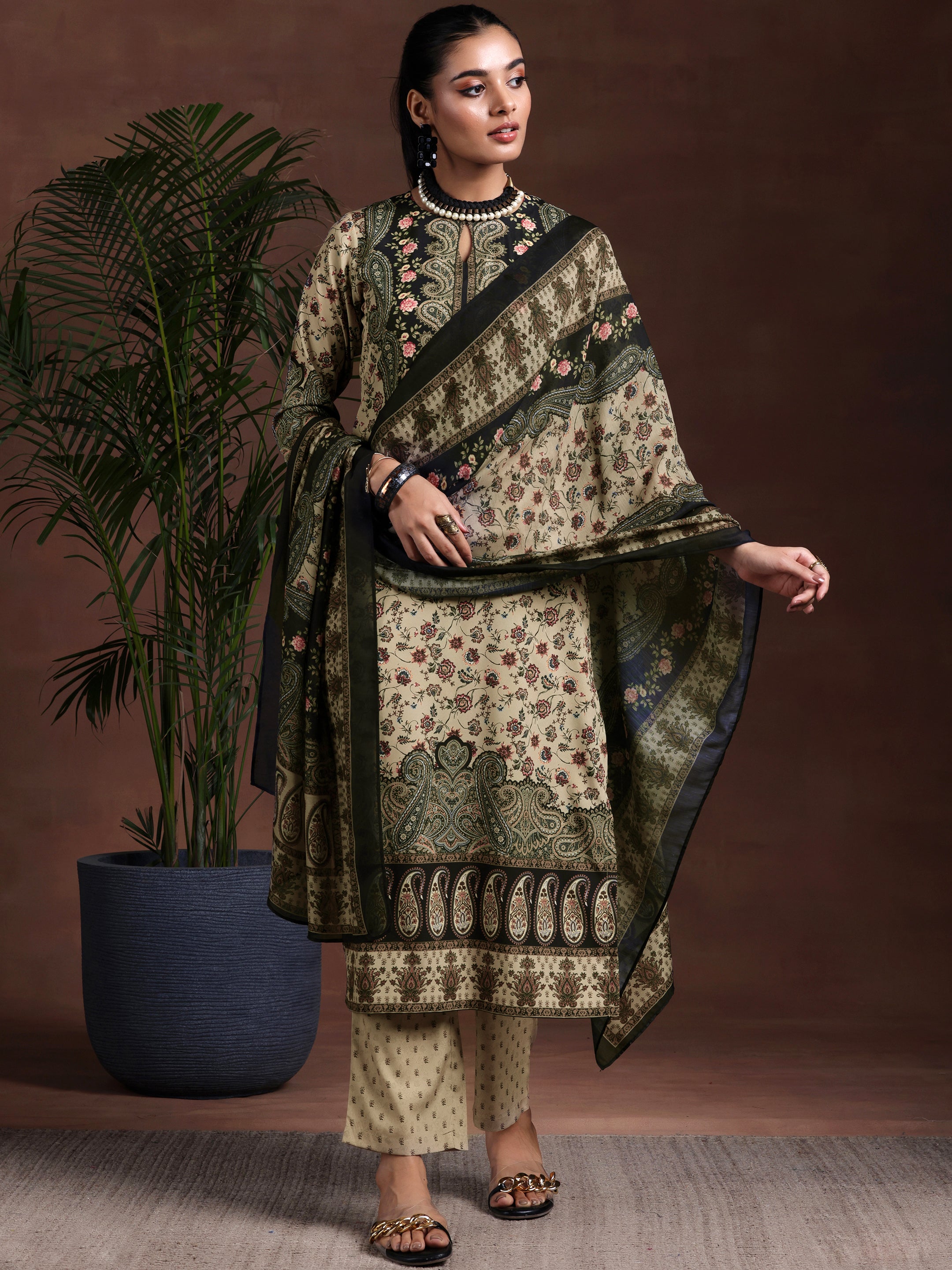 Beige Printed Poly Crepe Straight Suit With Dupatta