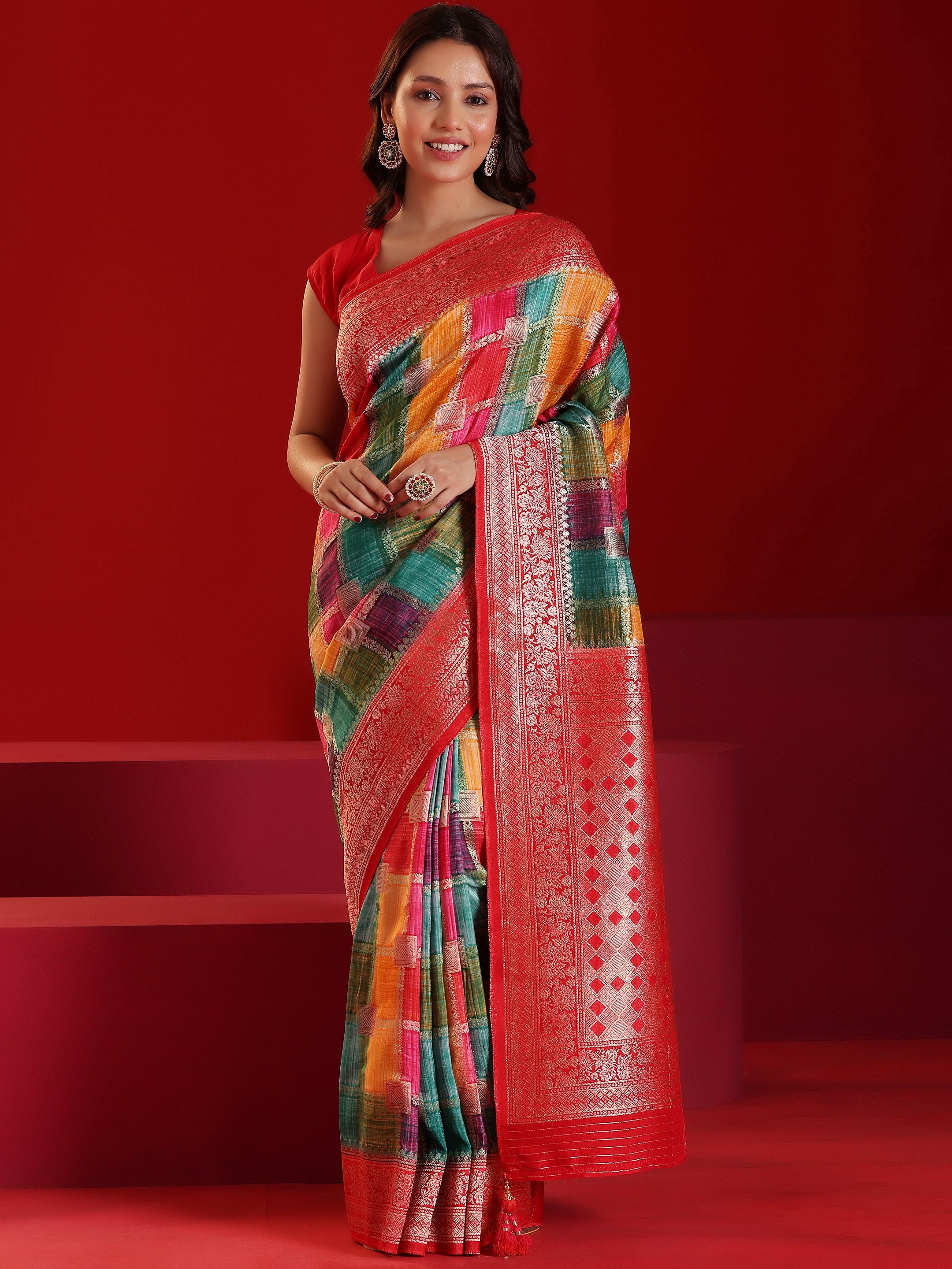 Libas Art Multicoloured Woven Design Satin Saree With Unstitched  Blouse Piece