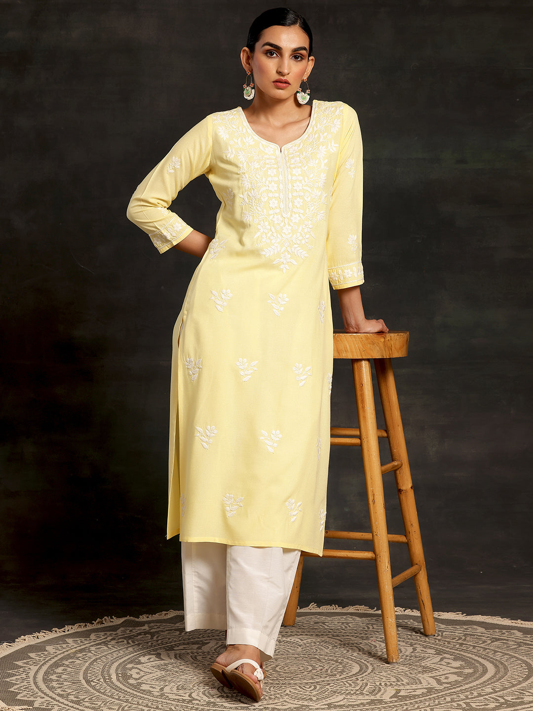 Yellow Embroidered Rayon Straight Kurta