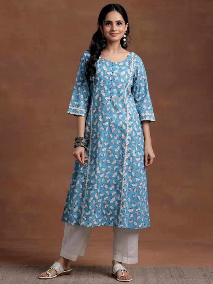 Blue Printed Cotton A-Line Kurta - Libas