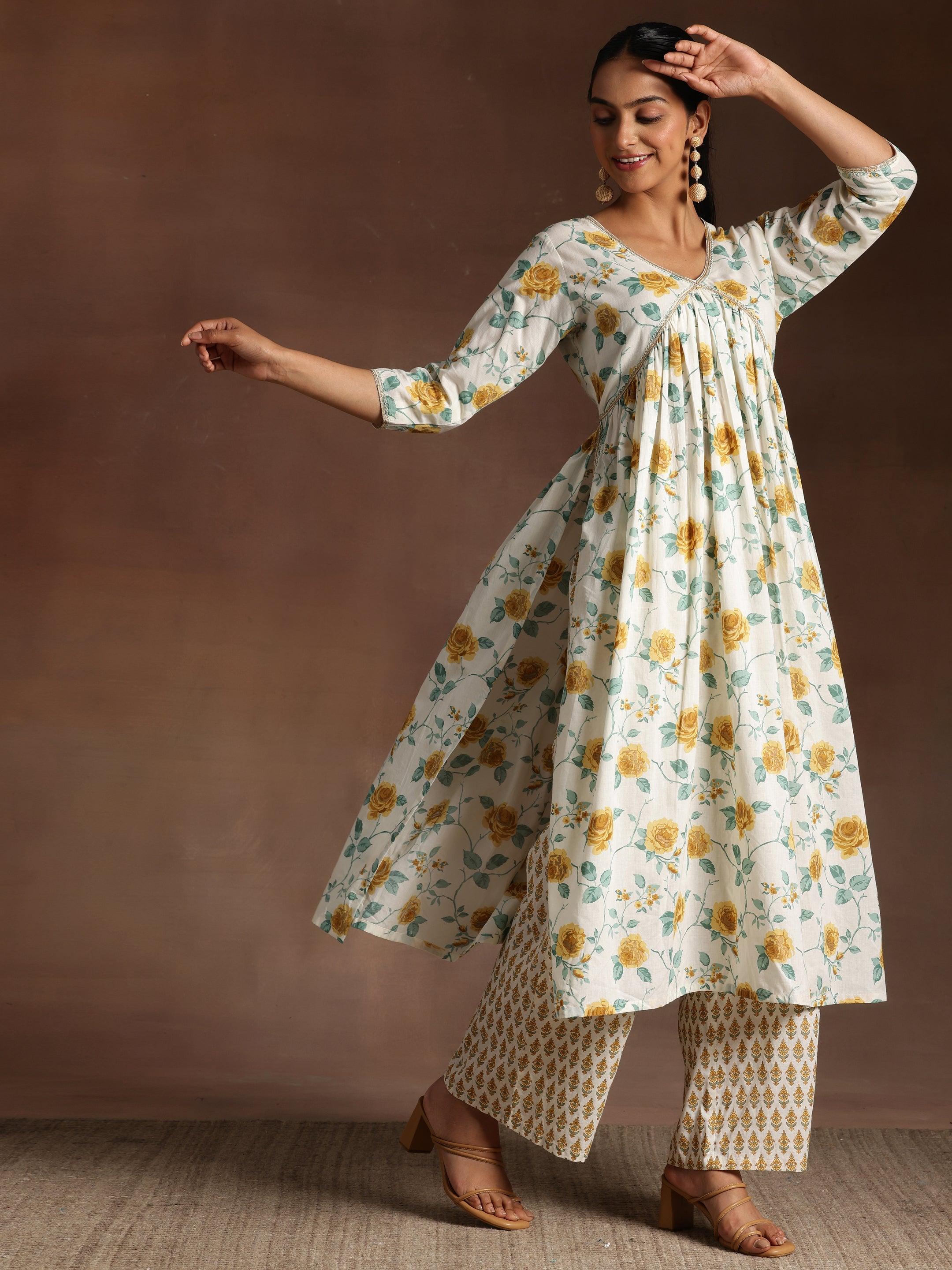 Gulkand Off white Printed Cotton A-Line Kurta With Palazzos