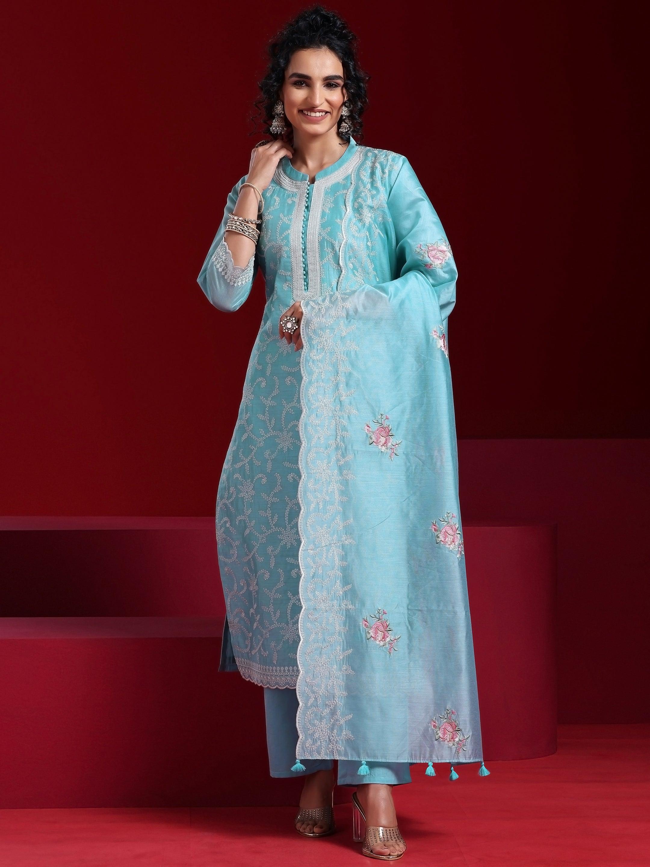 Libas Art Blue Embroidered Chanderi Silk Straight Suit With Dupatta