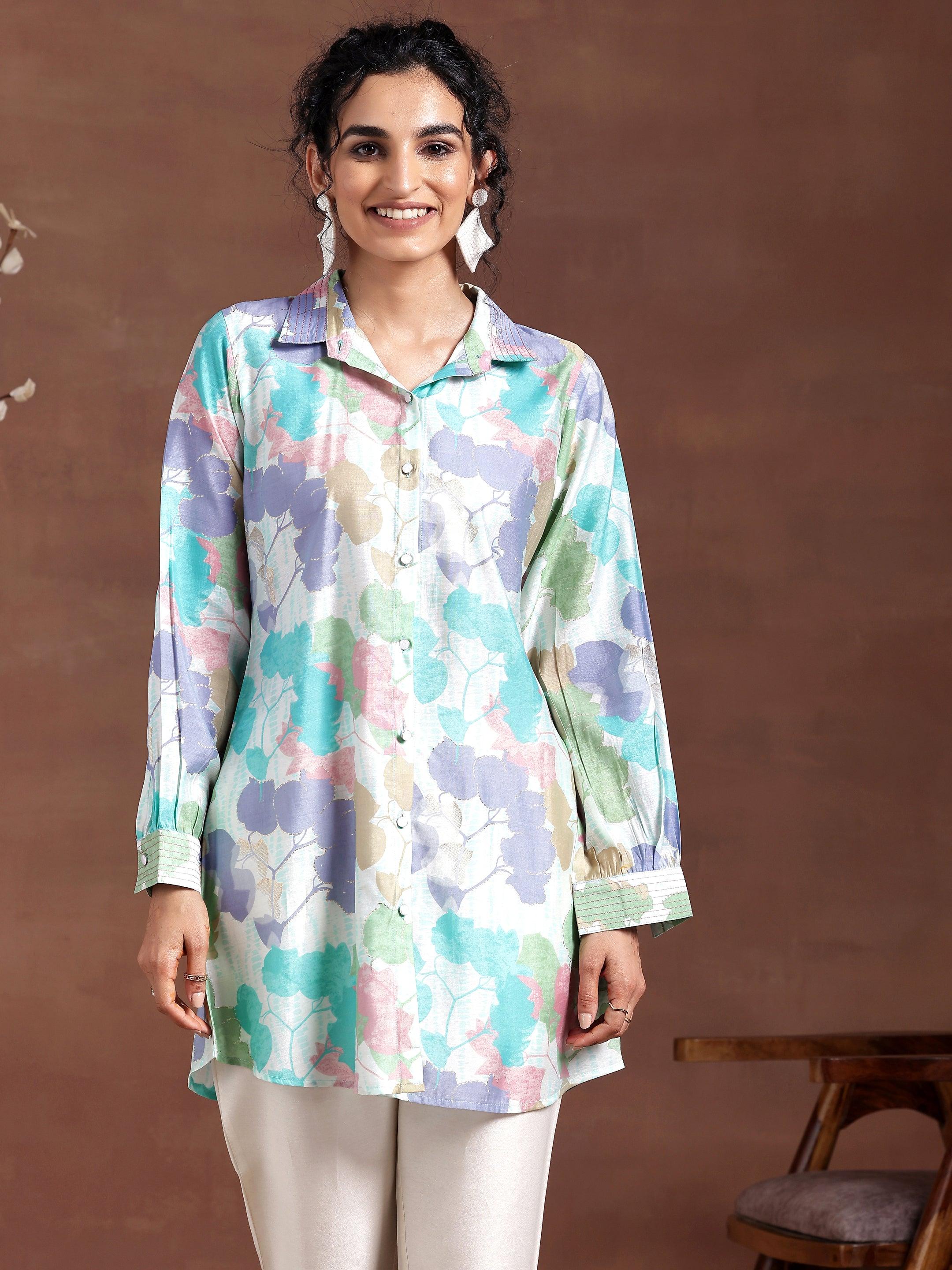 Green Printed Silk Blend Straight Kurti