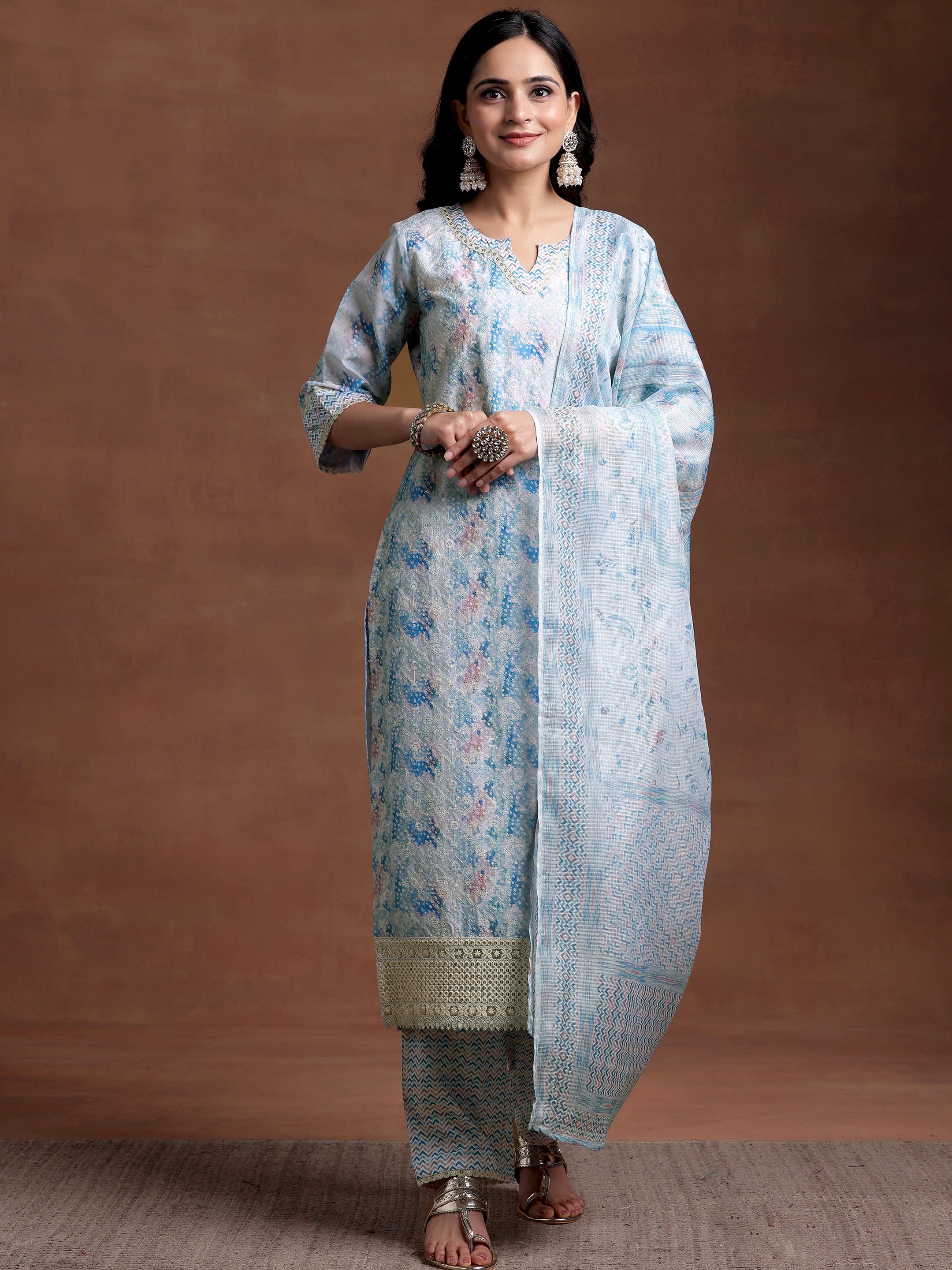 Blue Embroidered Cotton Blend Straight Suit With Dupatta