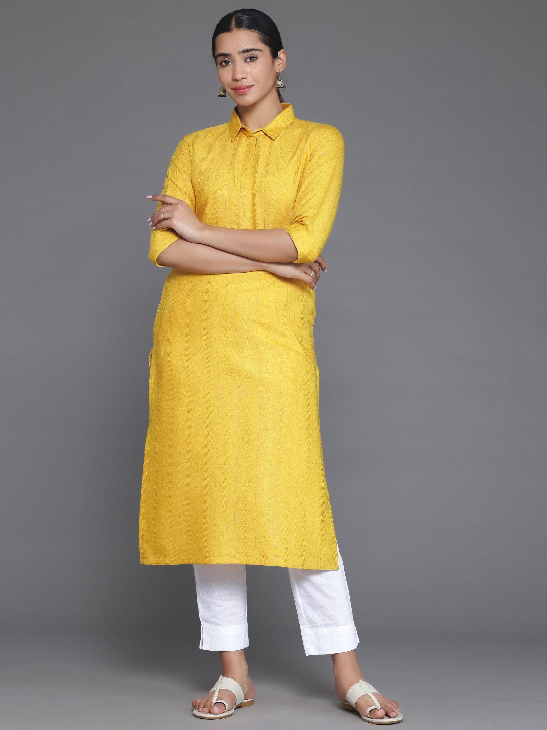 Yellow Woven Design Cotton Straight Kurta