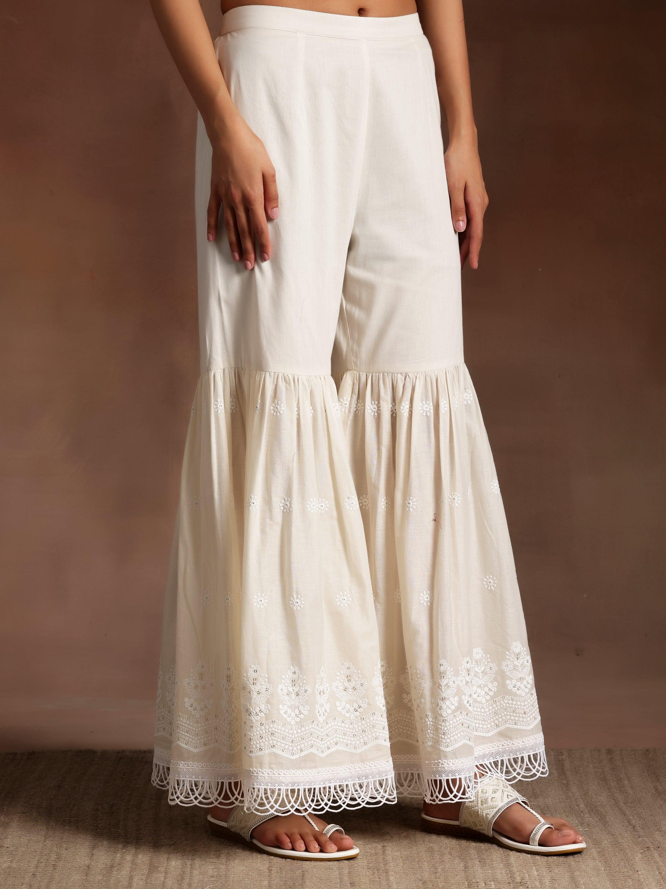 Off White Embroidered Cotton Straight Suit With Dupatta