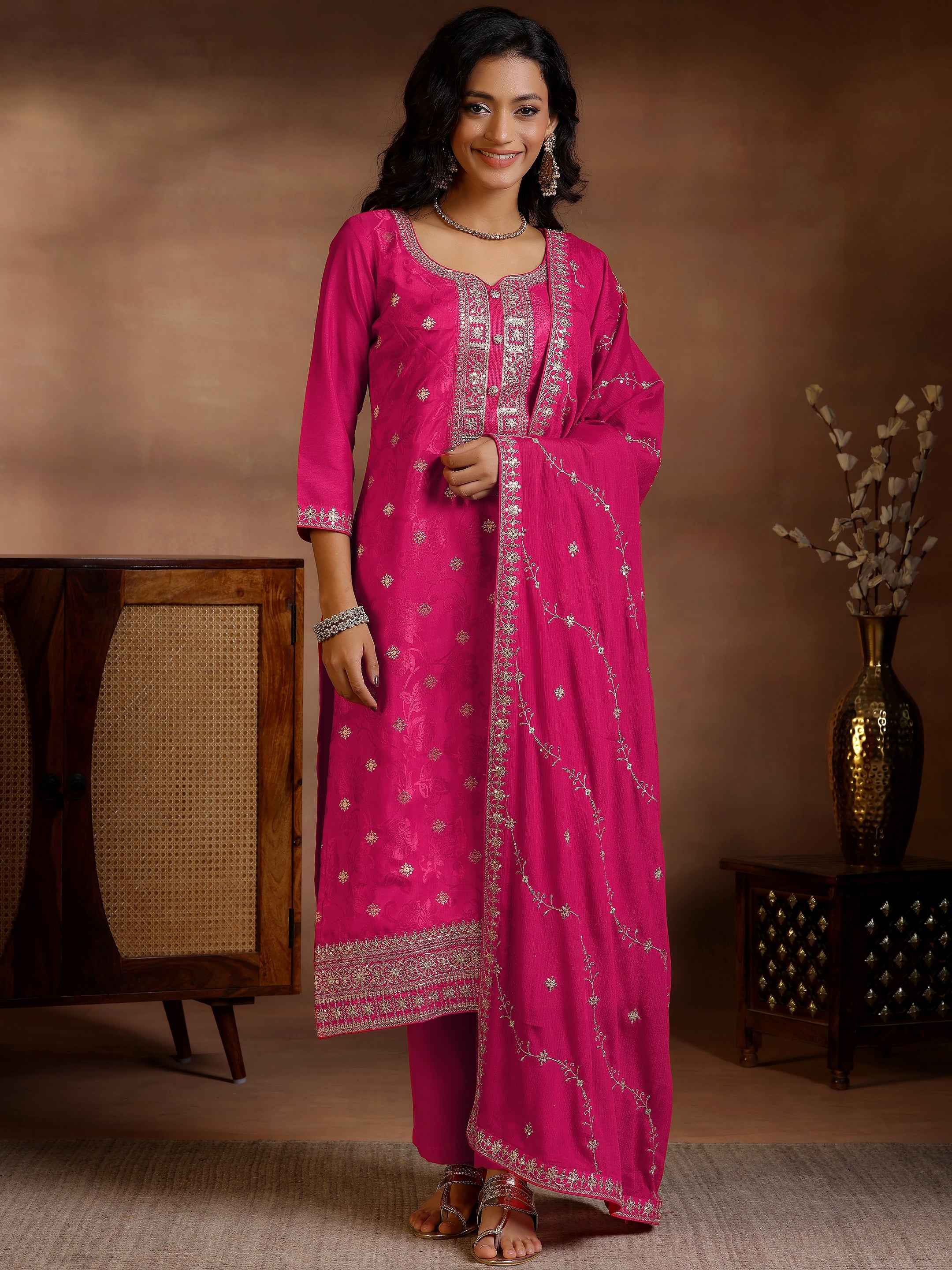 Pink Woven Design Silk Blend Straight Suit With Dupatta