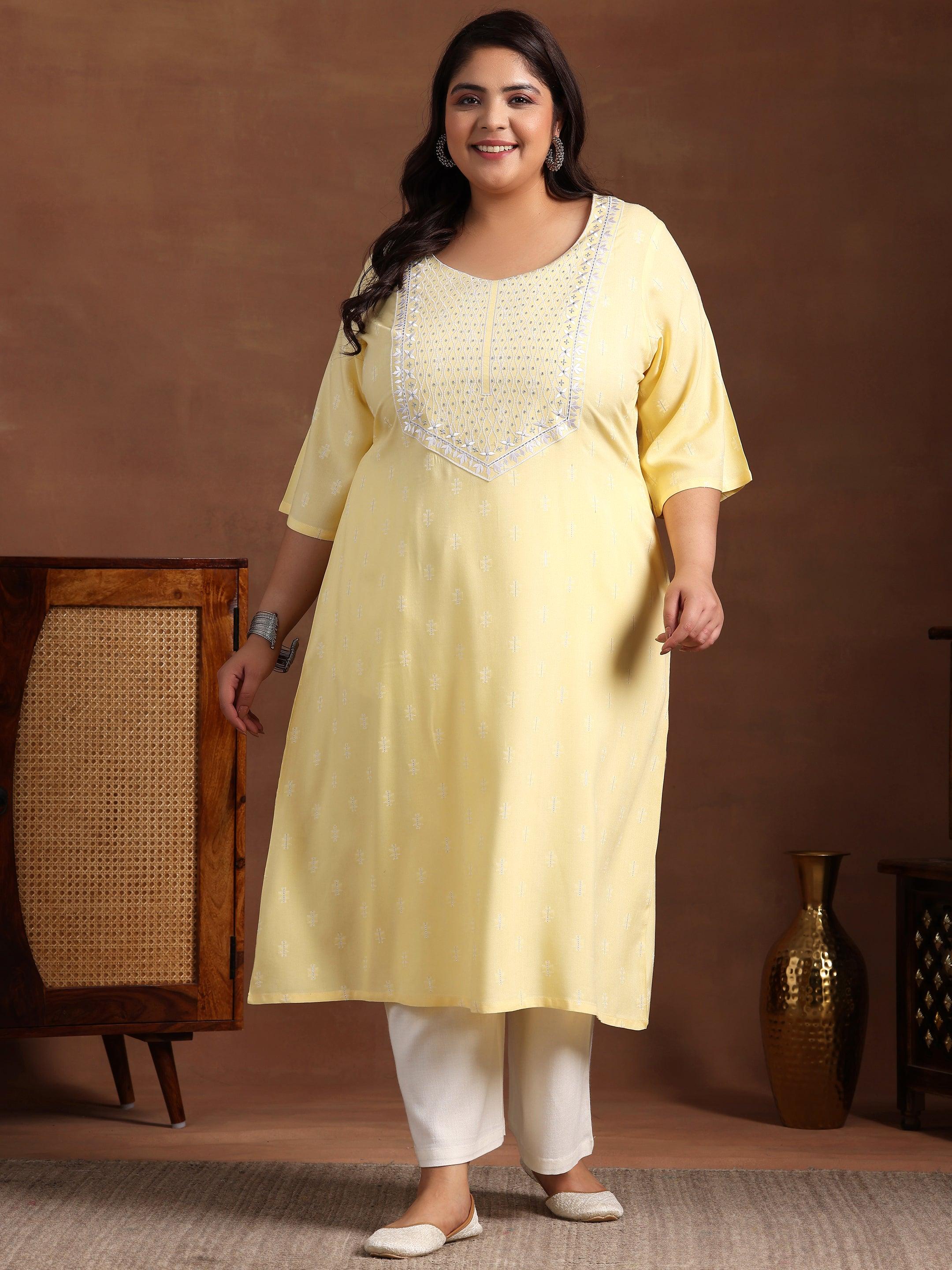 Plus Size Yellow Woven Design Rayon Straight Kurta