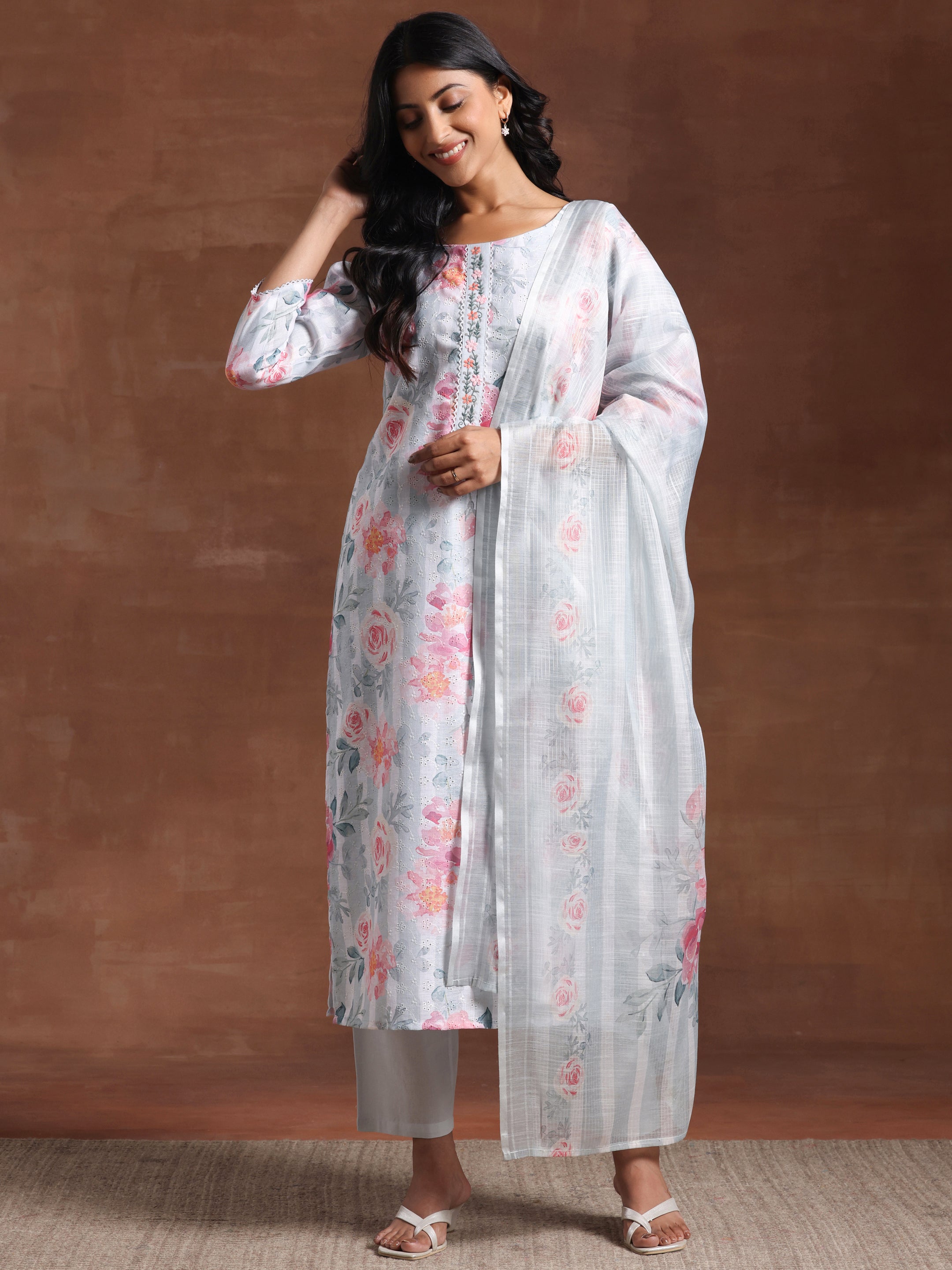 Grey Printed Cotton Blend Straight Suit With Dupatta