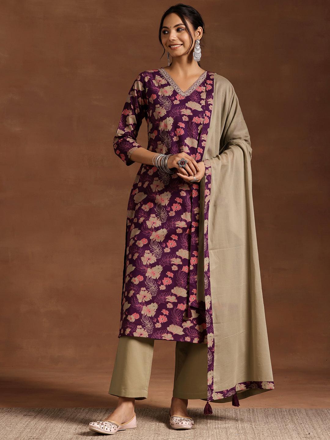 Wine Printed Cotton Straight Suit With Dupatta