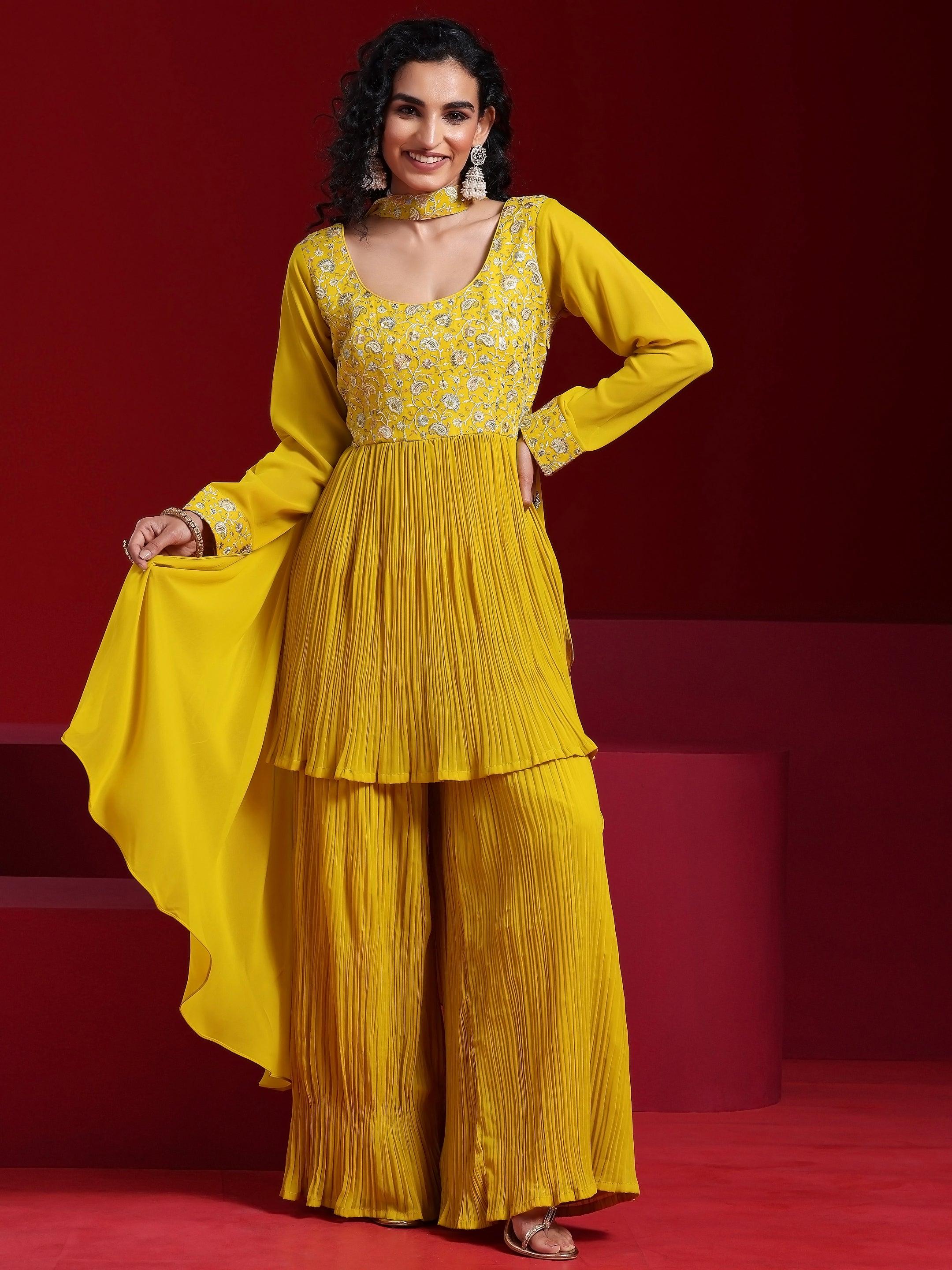 Libas Art Mustard Embroidered Georgette A-Line Kurta With Sharara & Dupatta