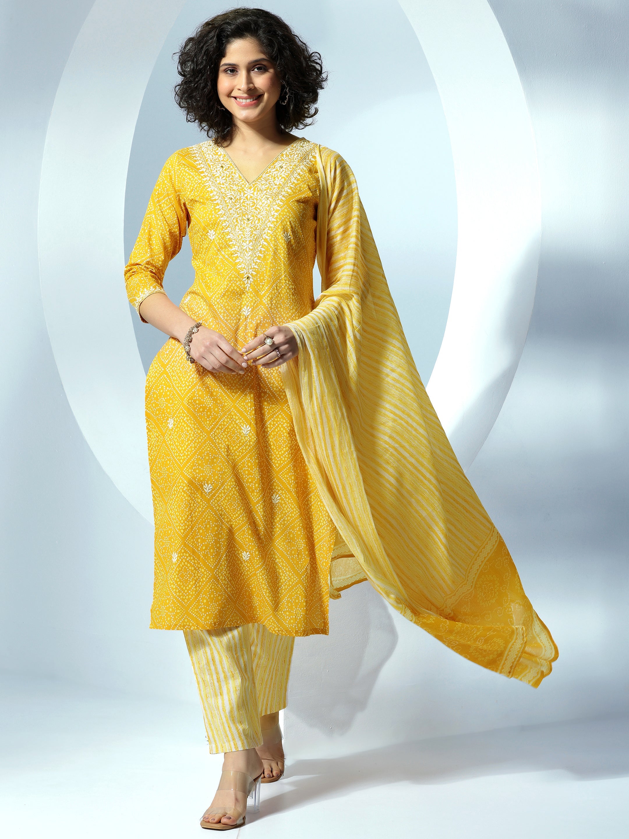 Mustard Printed Cotton Straight Suit With Dupatta