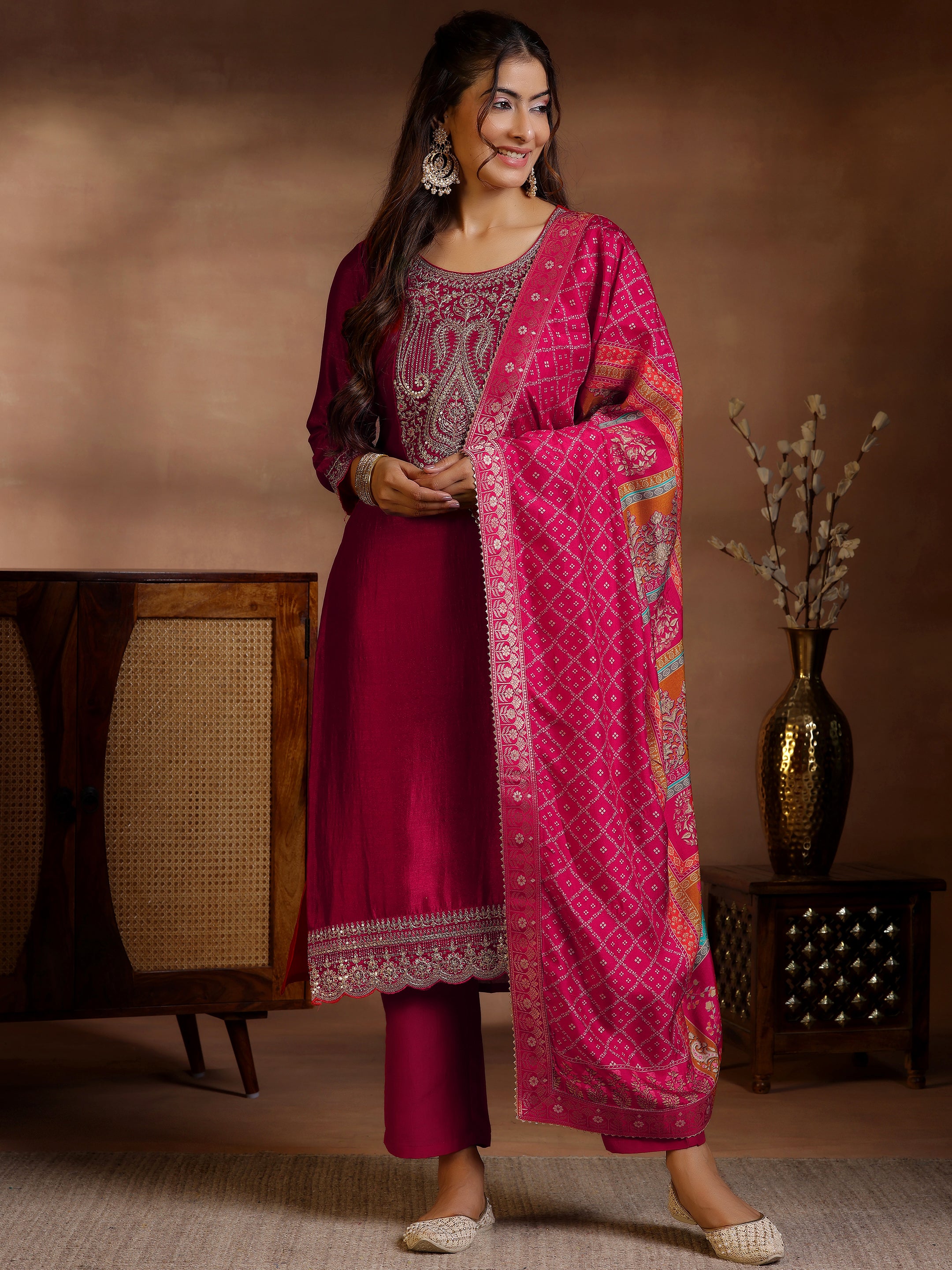 Red Embroidered Silk Blend Straight Suits With Dupatta