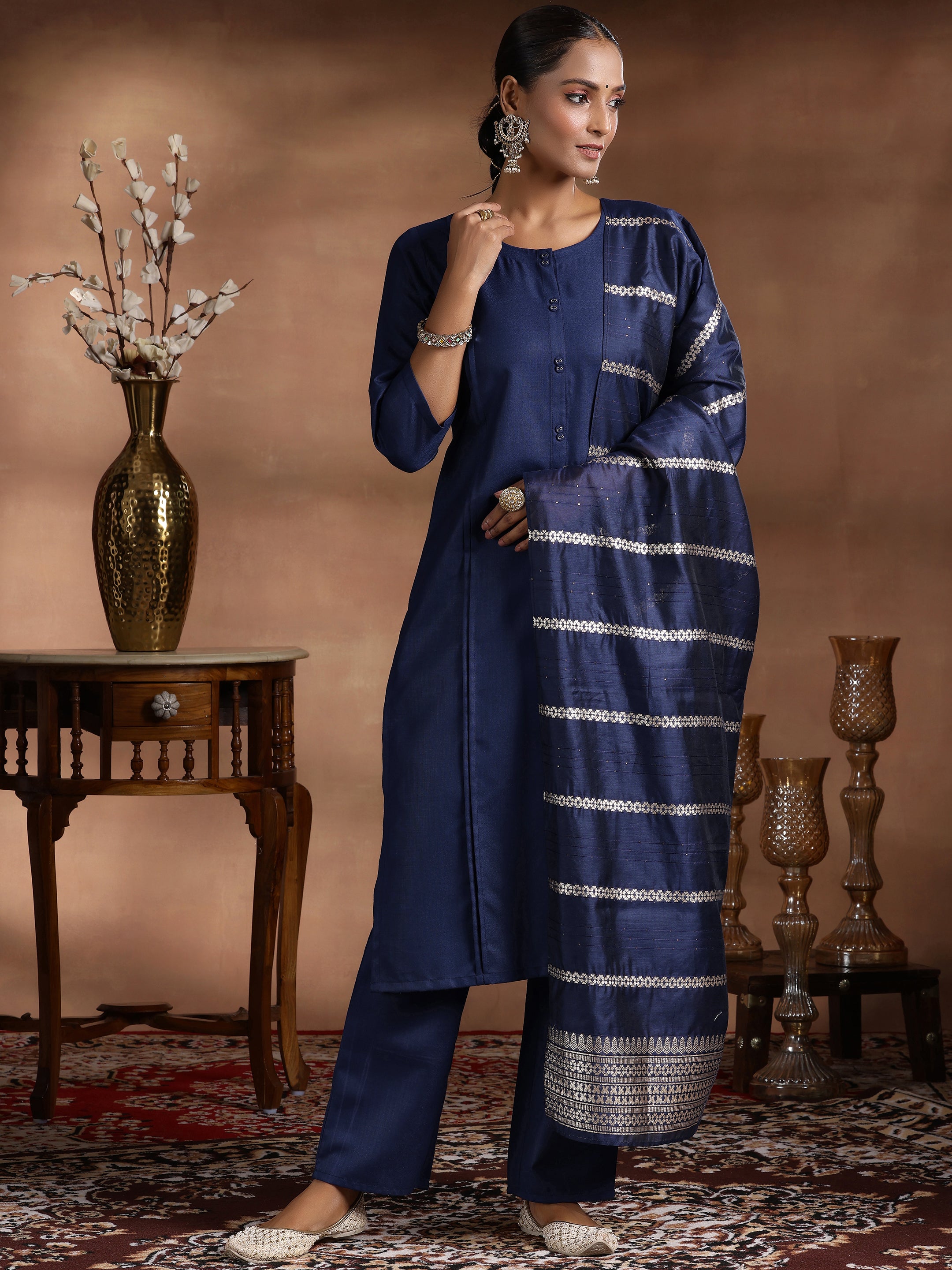 Navy Blue Solid Cotton Blend Straight Suit With Dupatta