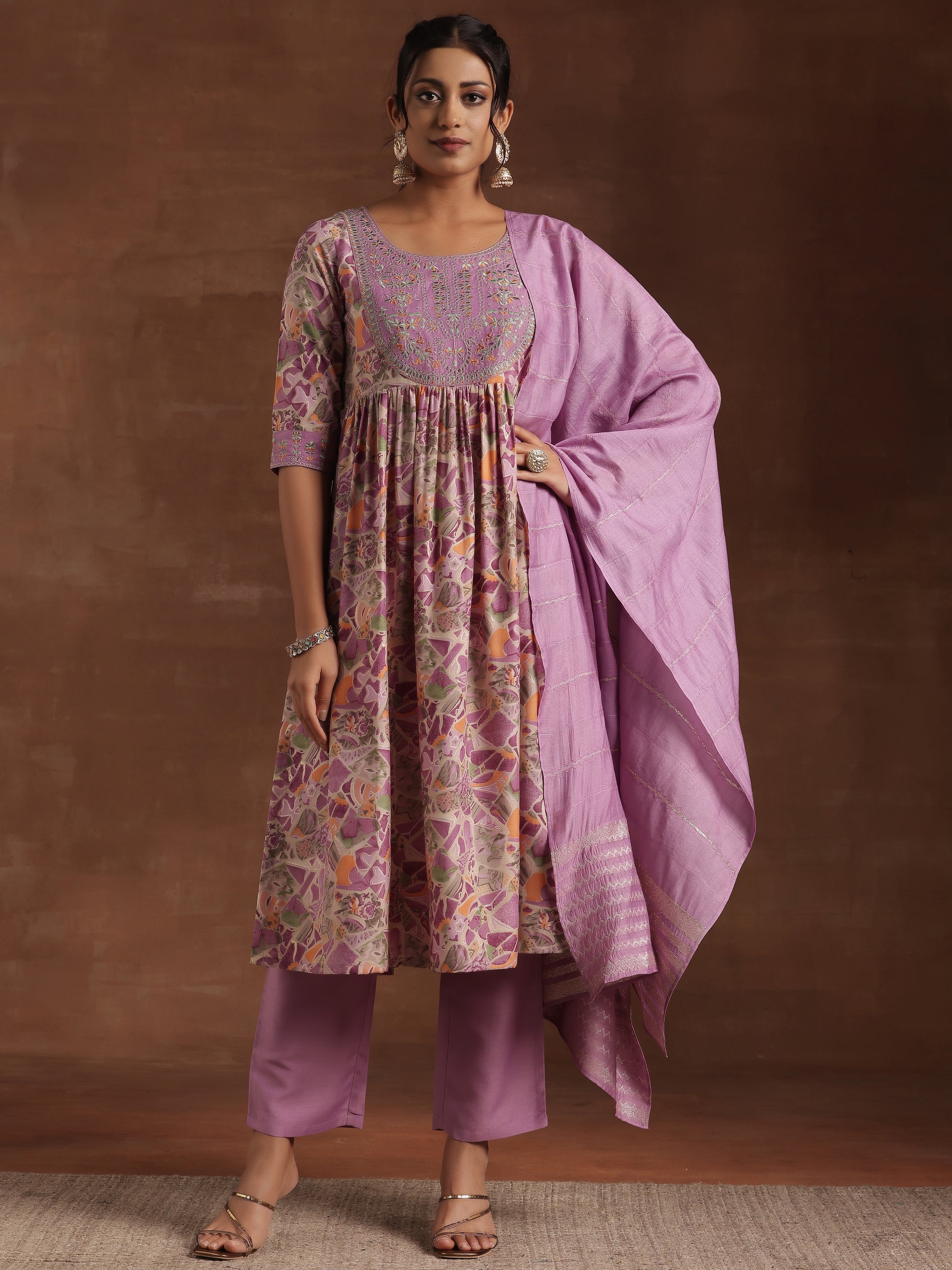 Purple Printed Silk Blend A-Line Kurta With Trousers & Dupatta