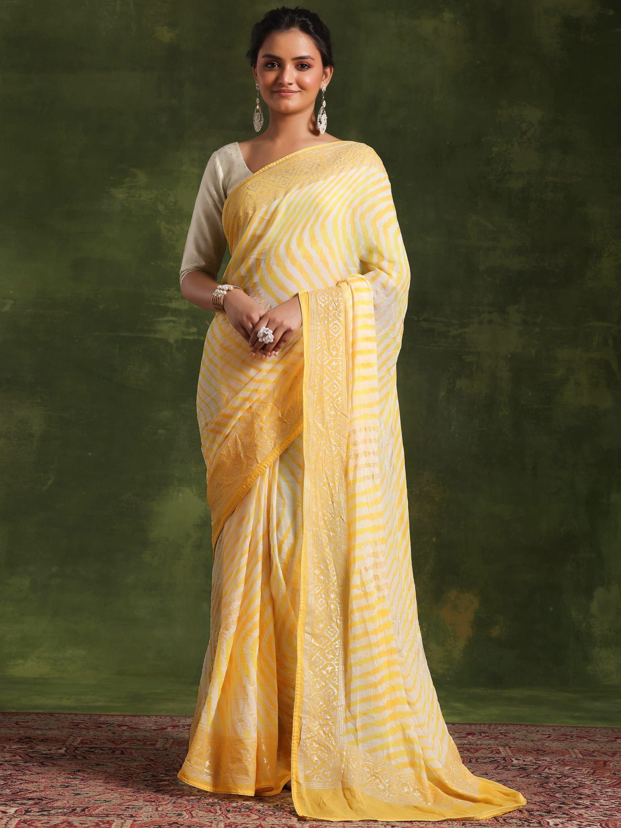 Yellow Printed Poly Georgette Saree With Unstitched Blouse Piece