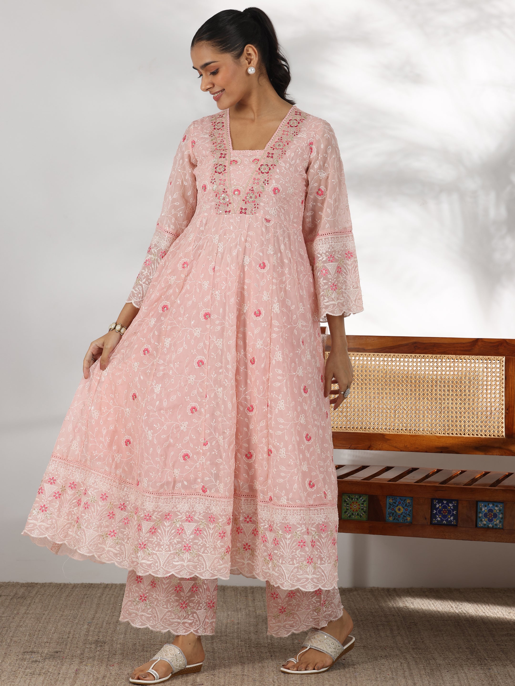 Pink Embroidered Organza Anarkali Suit With Dupatta