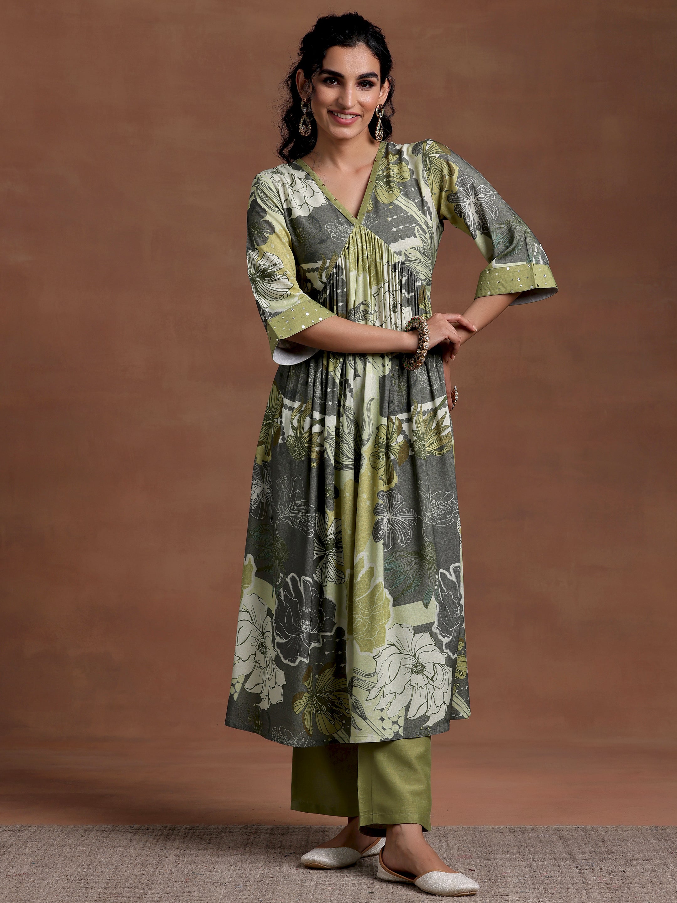 Green Printed Rayon A-Line Kurta With Trousers