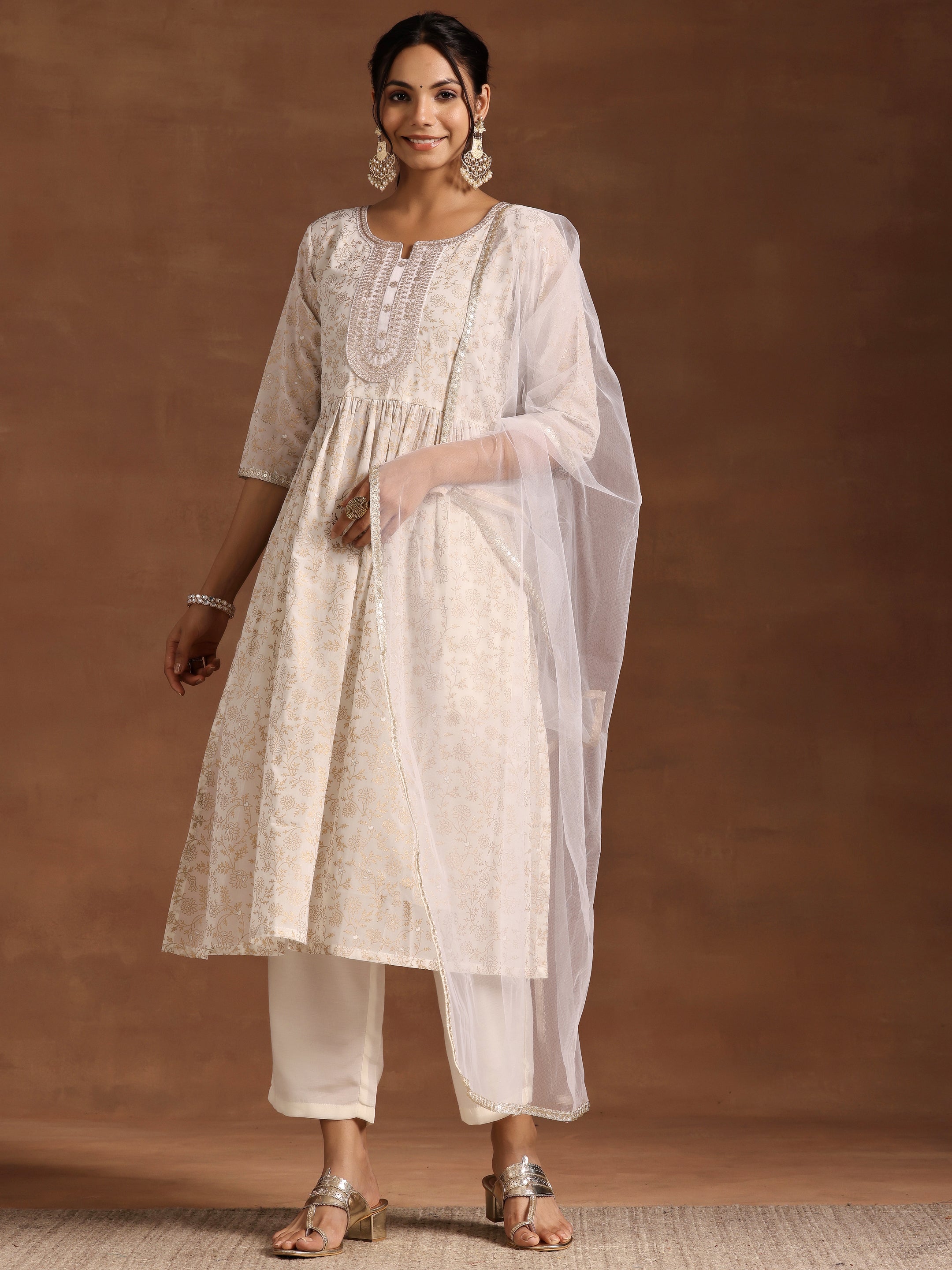 Off White Printed Georgette A-Line Suit With Dupatta