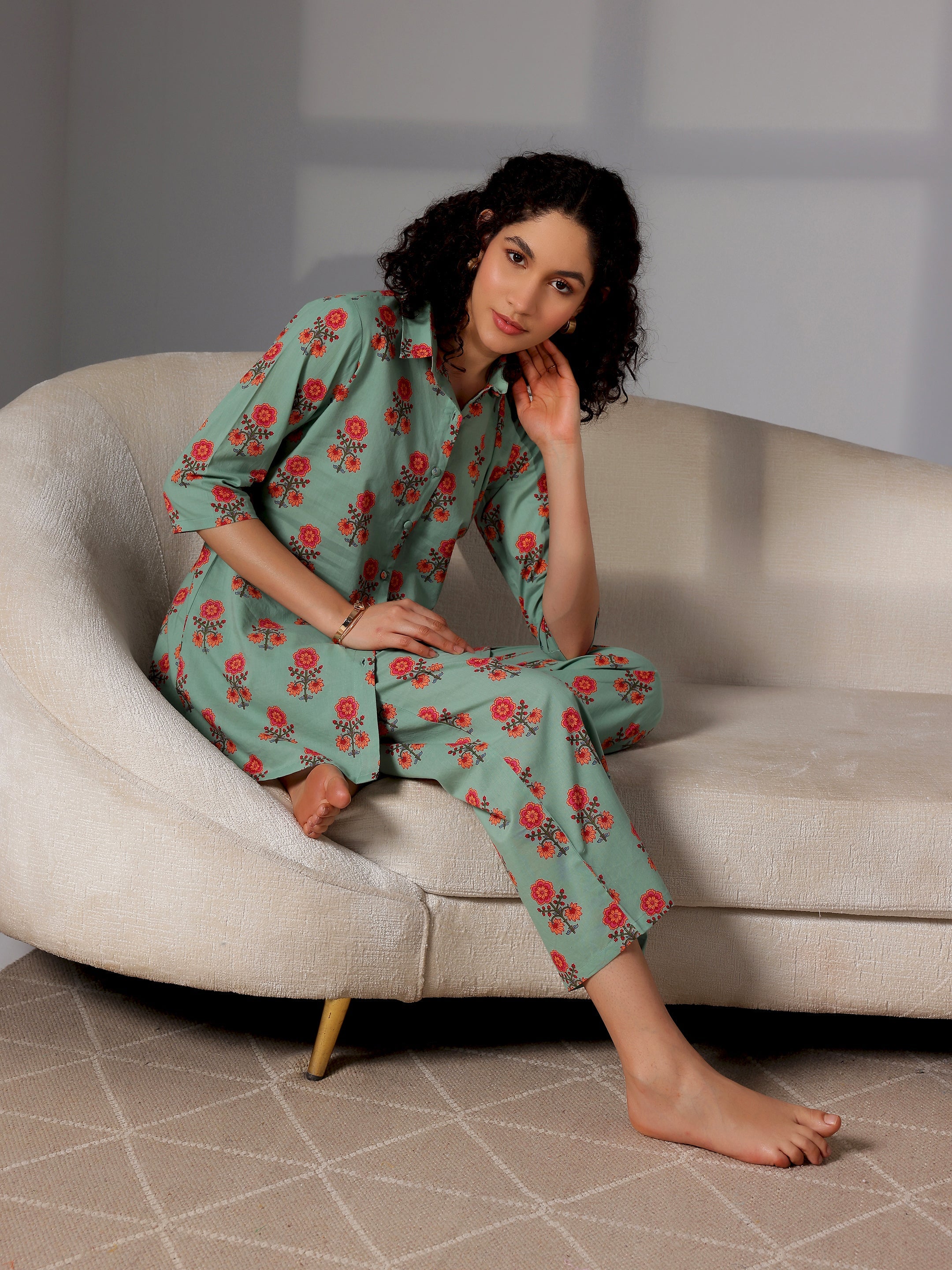 Green Printed Cotton Night Suits