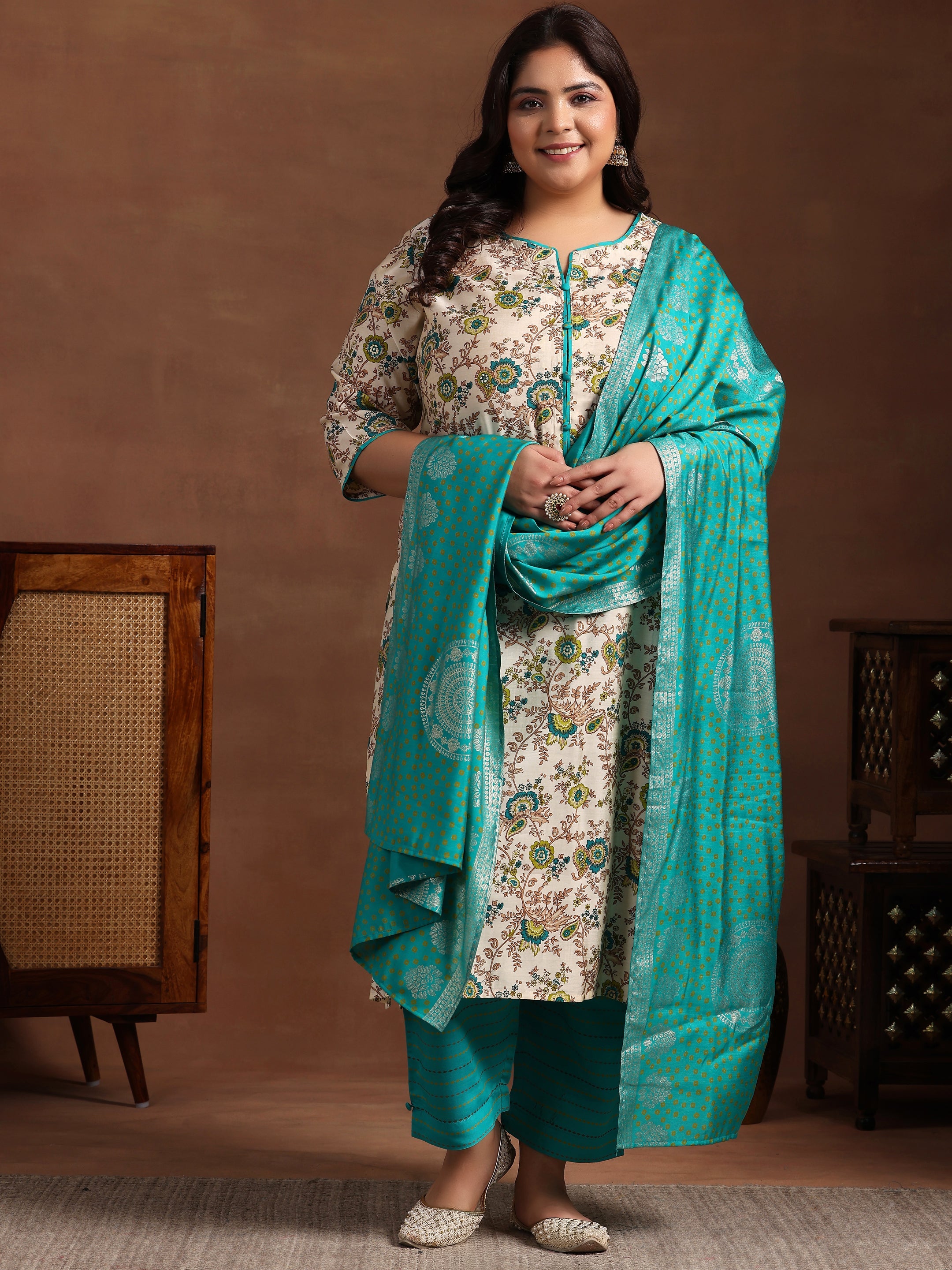 Plus Size Blue Printed Silk Blend Straight Suit With Dupatta