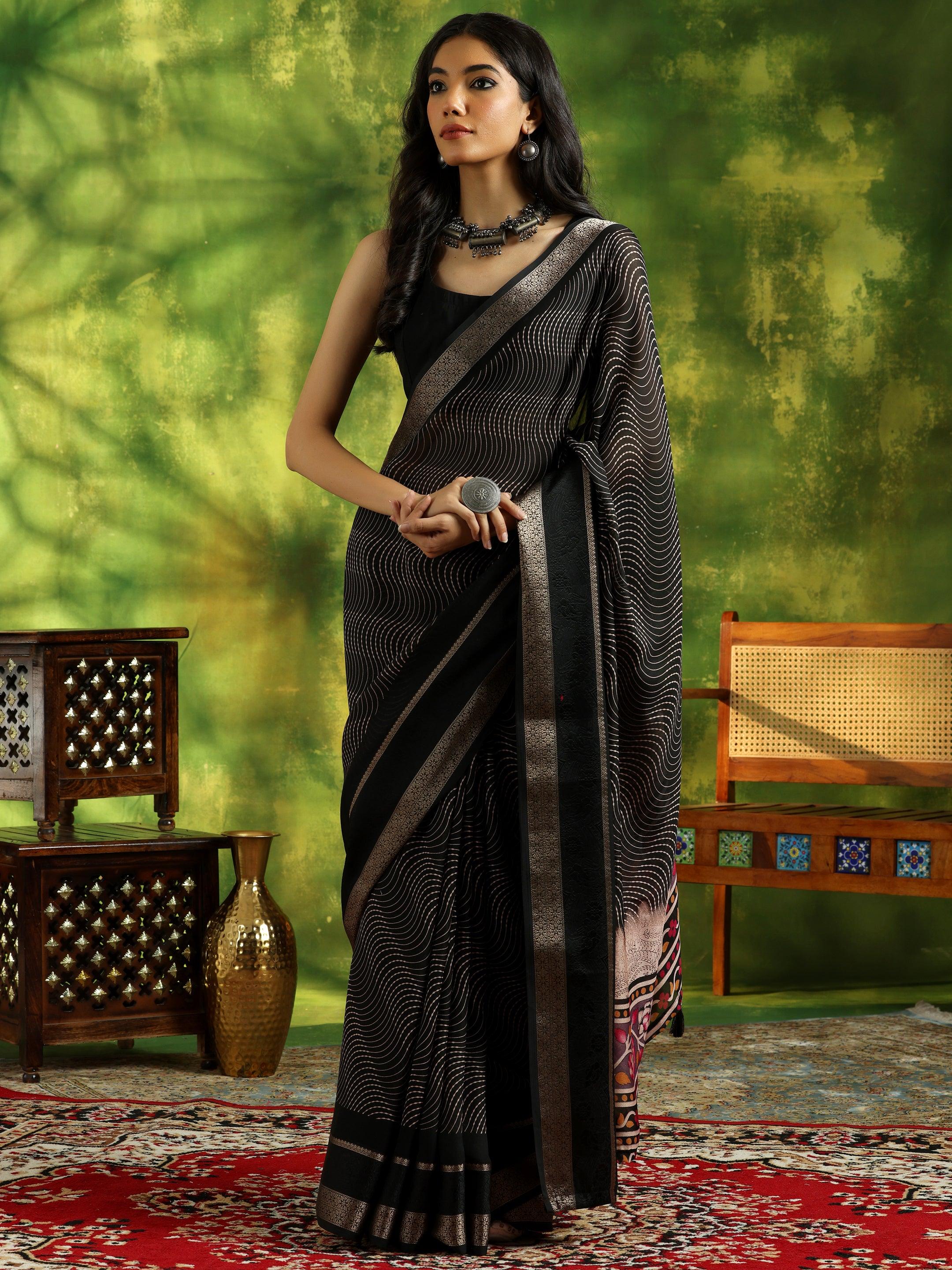 Black Printed Silk Blend Saree With Unstitched Blouse Piece