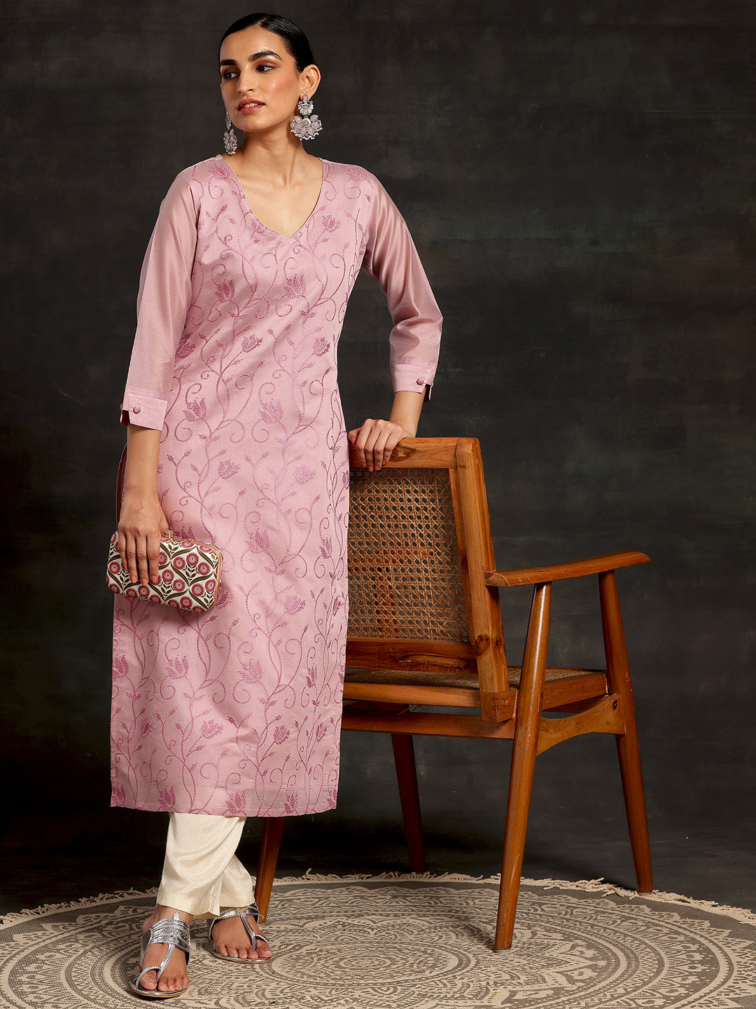 Mauve Embroidered Silk Straight Kurta