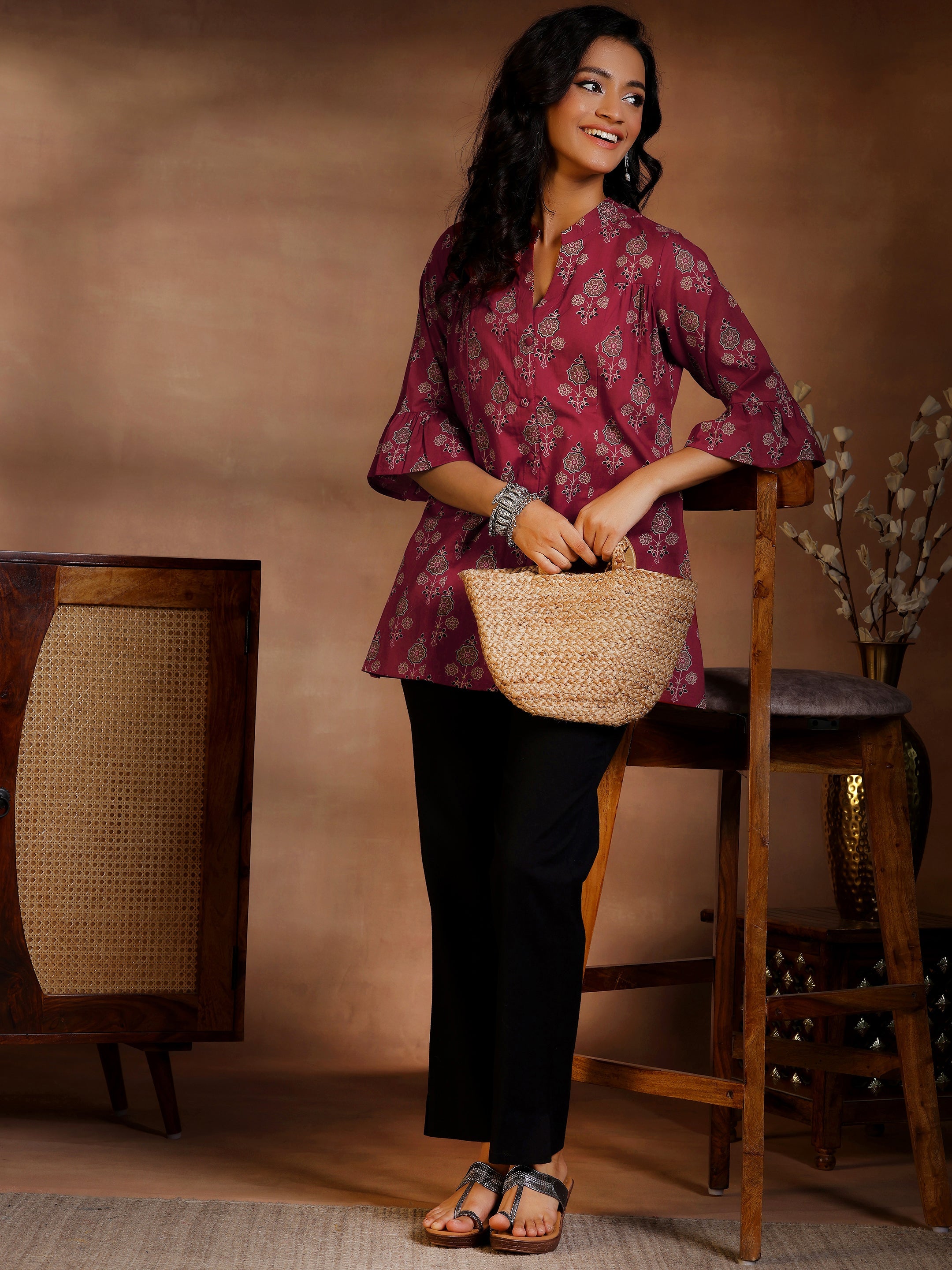 Maroon Printed Cotton A-Line Kurti