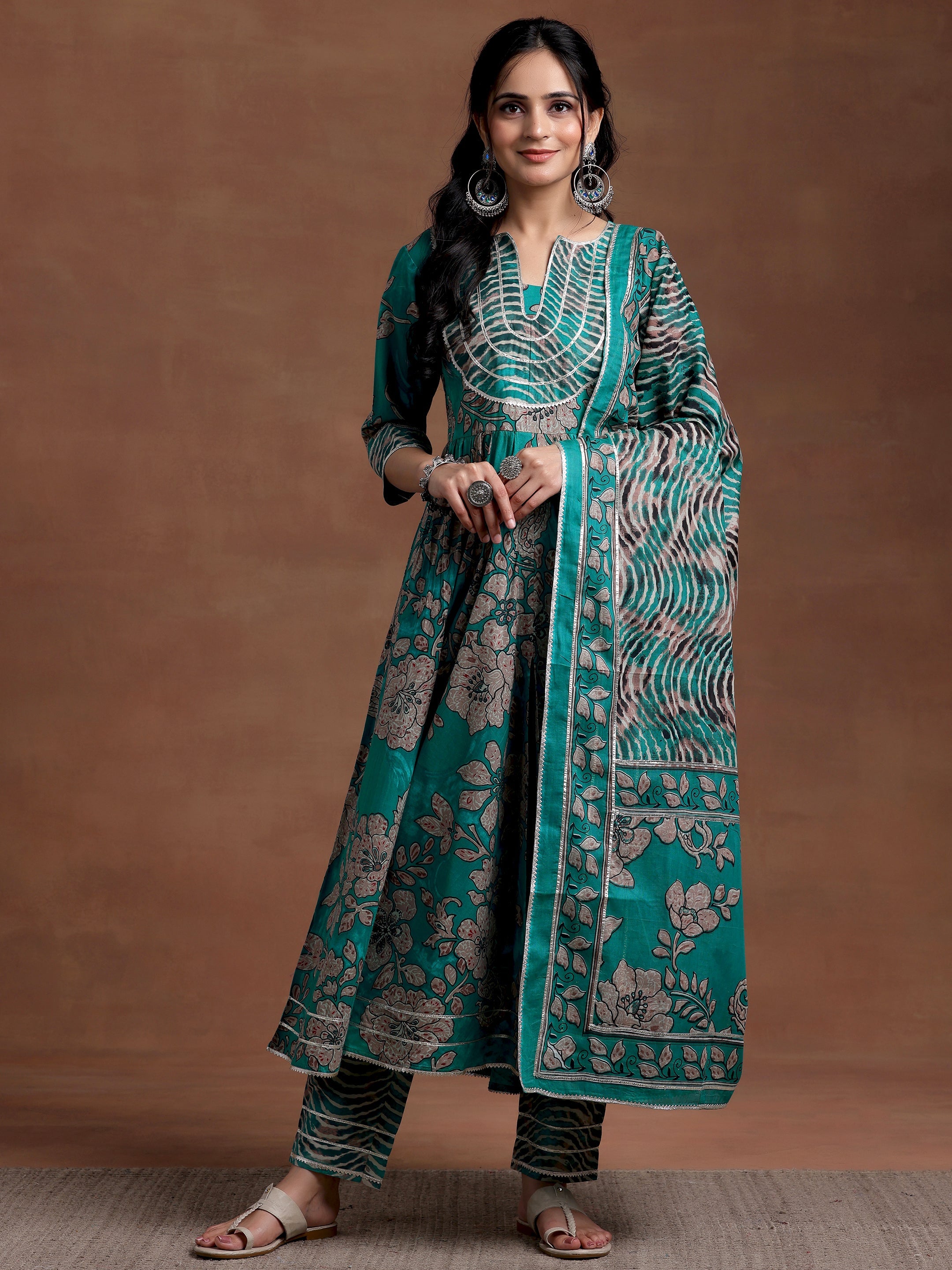 Green Printed Cotton Anarkali Suit With Dupatta