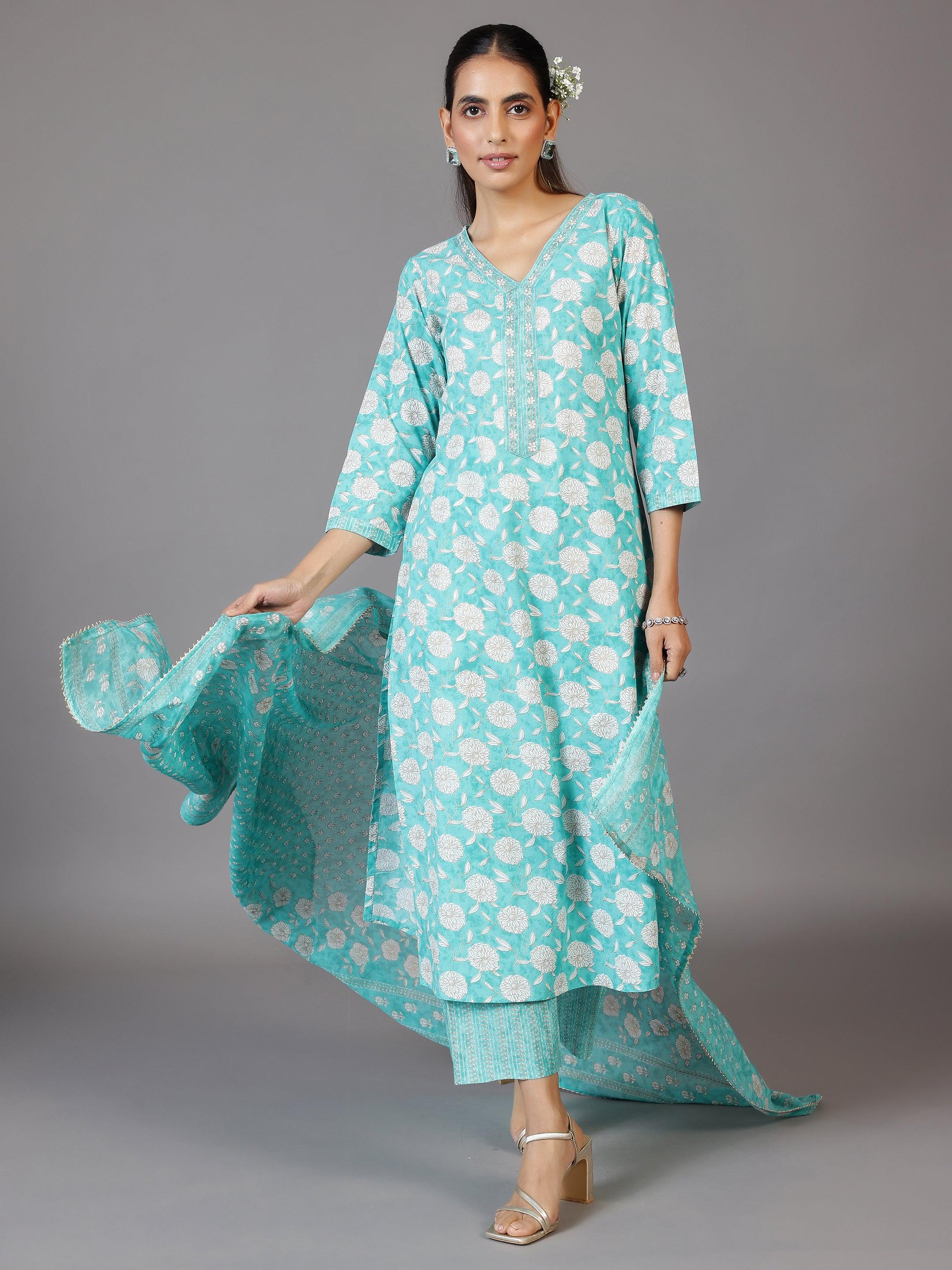 Turquoise Printed Cotton Straight Suit With Dupatta