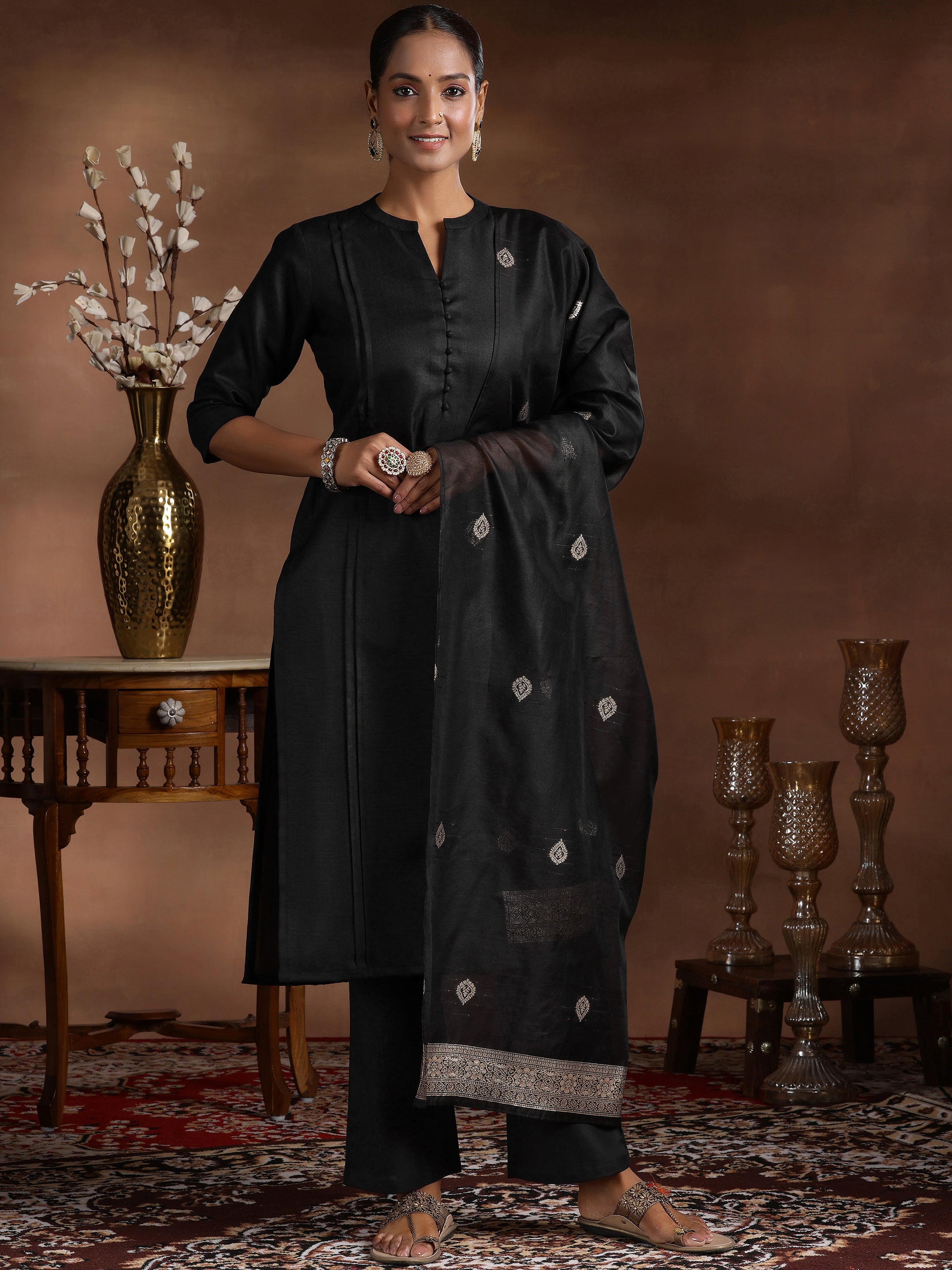 Black Solid Silk Blend Straight Suit With Dupatta