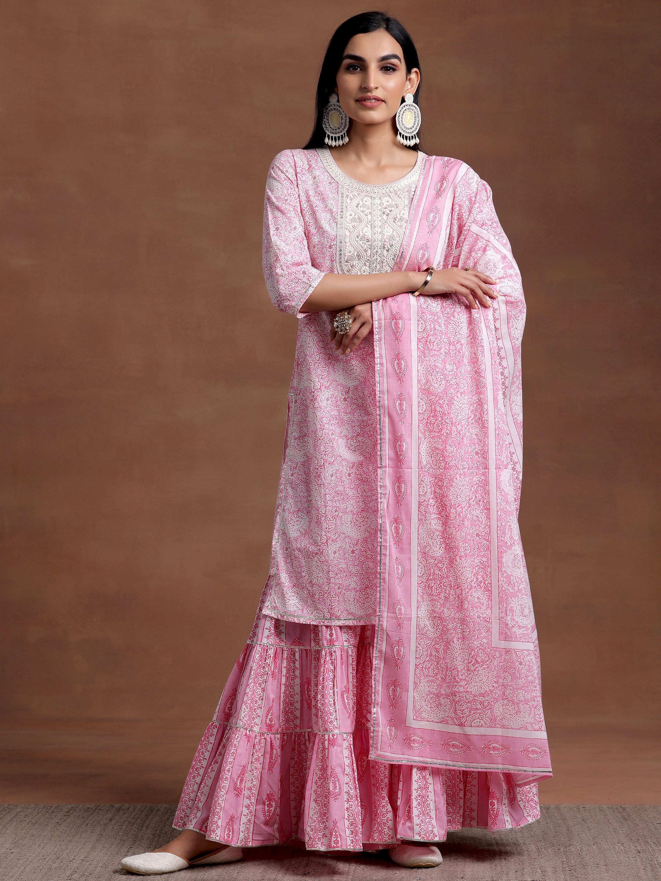 Pink Yoke Design Cotton Straight Suit With Dupatta