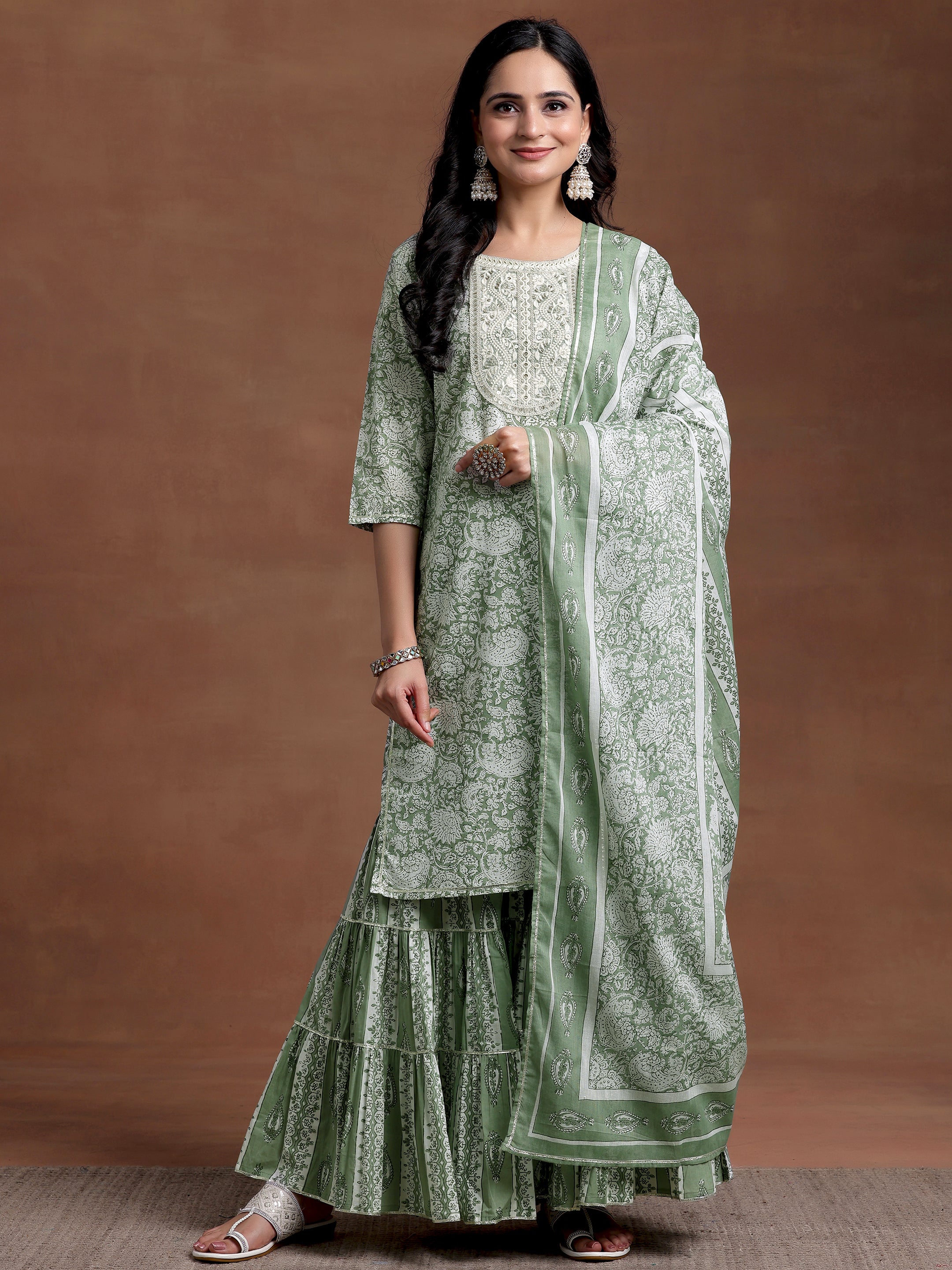 Green Yoke Design Cotton Straight Suit With Dupatta