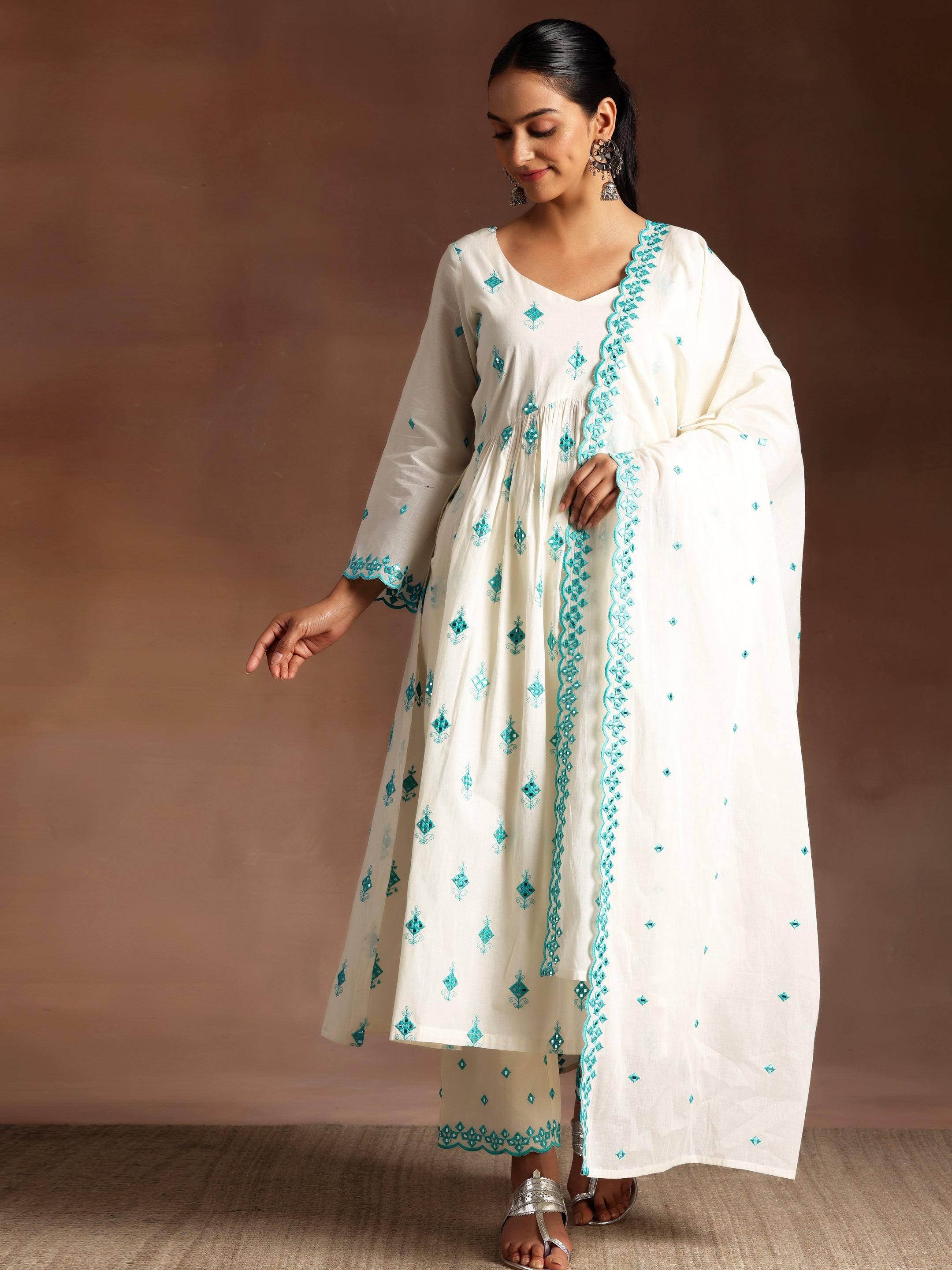 Off White Embroidered Cotton Anarkali Suit With Dupatta