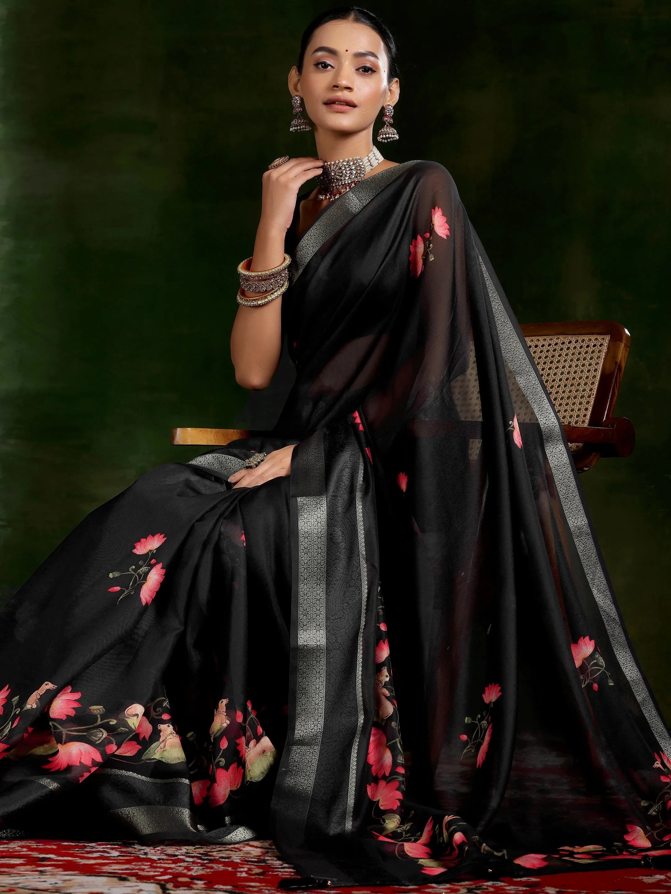 Black Printed Silk Blend Saree With Unstitched Blouse Piece