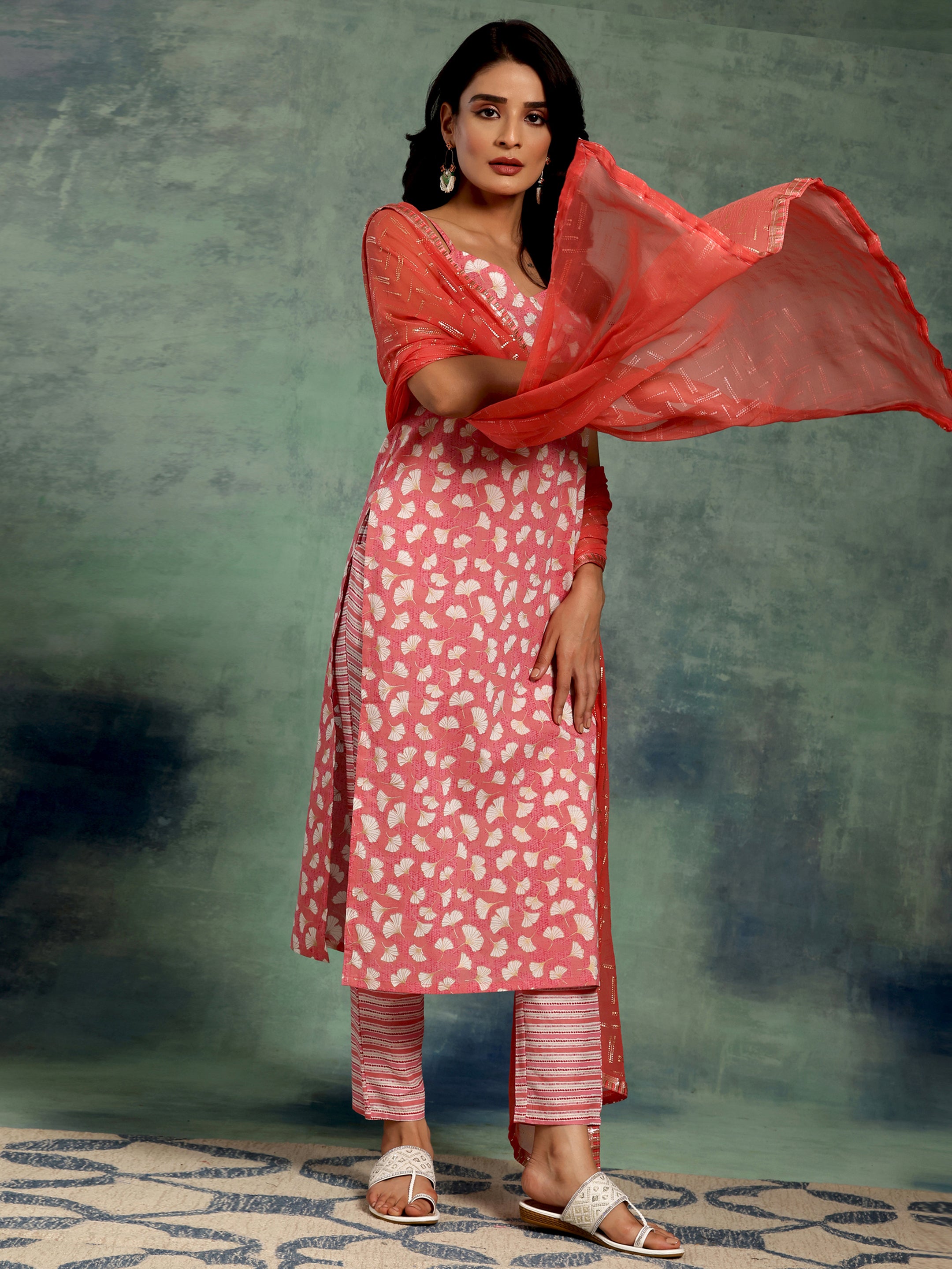 Coral Printed Cotton Straight Suit With Dupatta