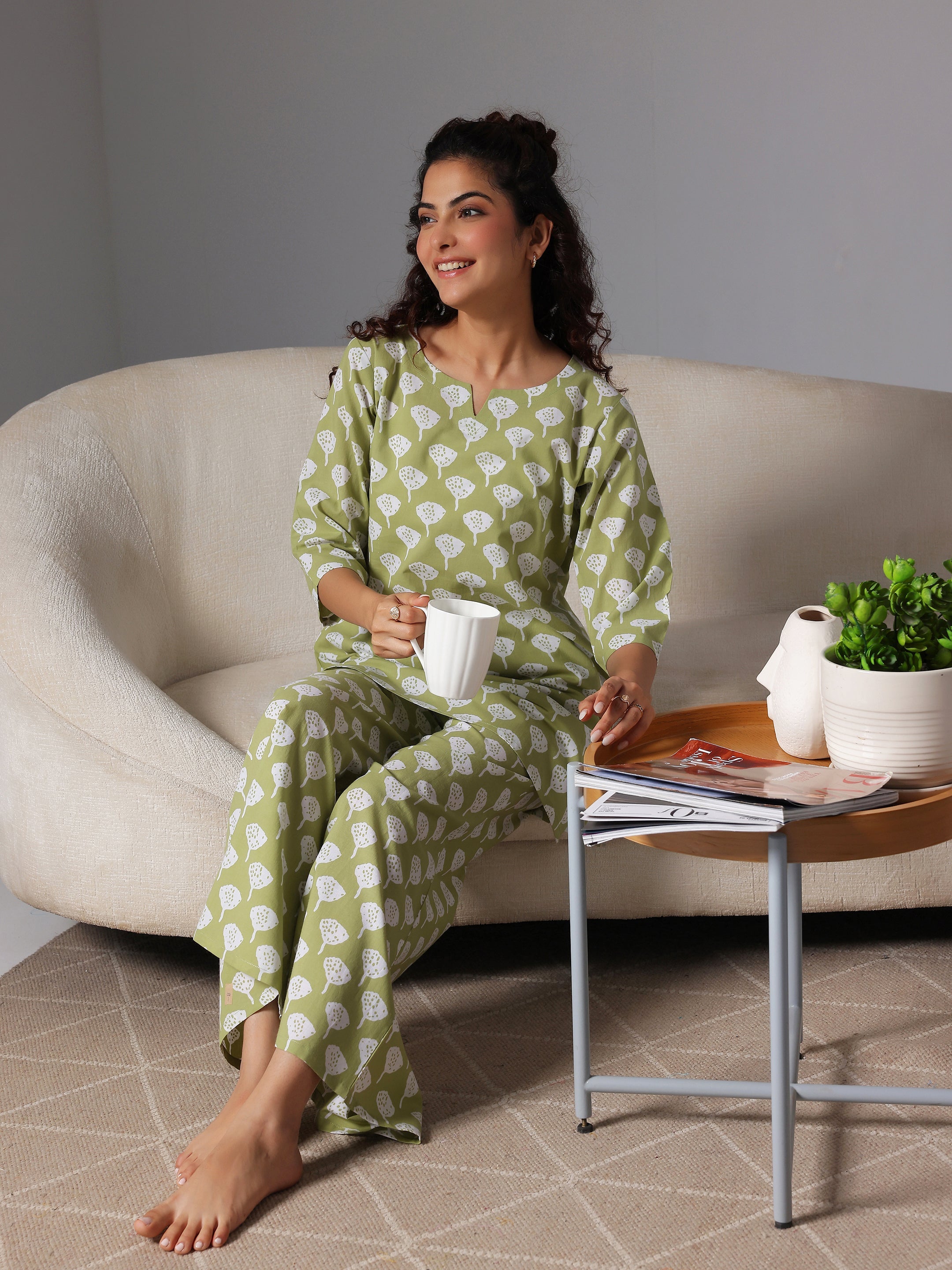 Green Printed Cotton Night Suits