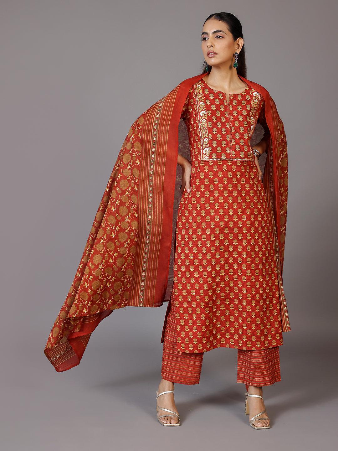 Rust Printed Cotton Straight Suit With Dupatta