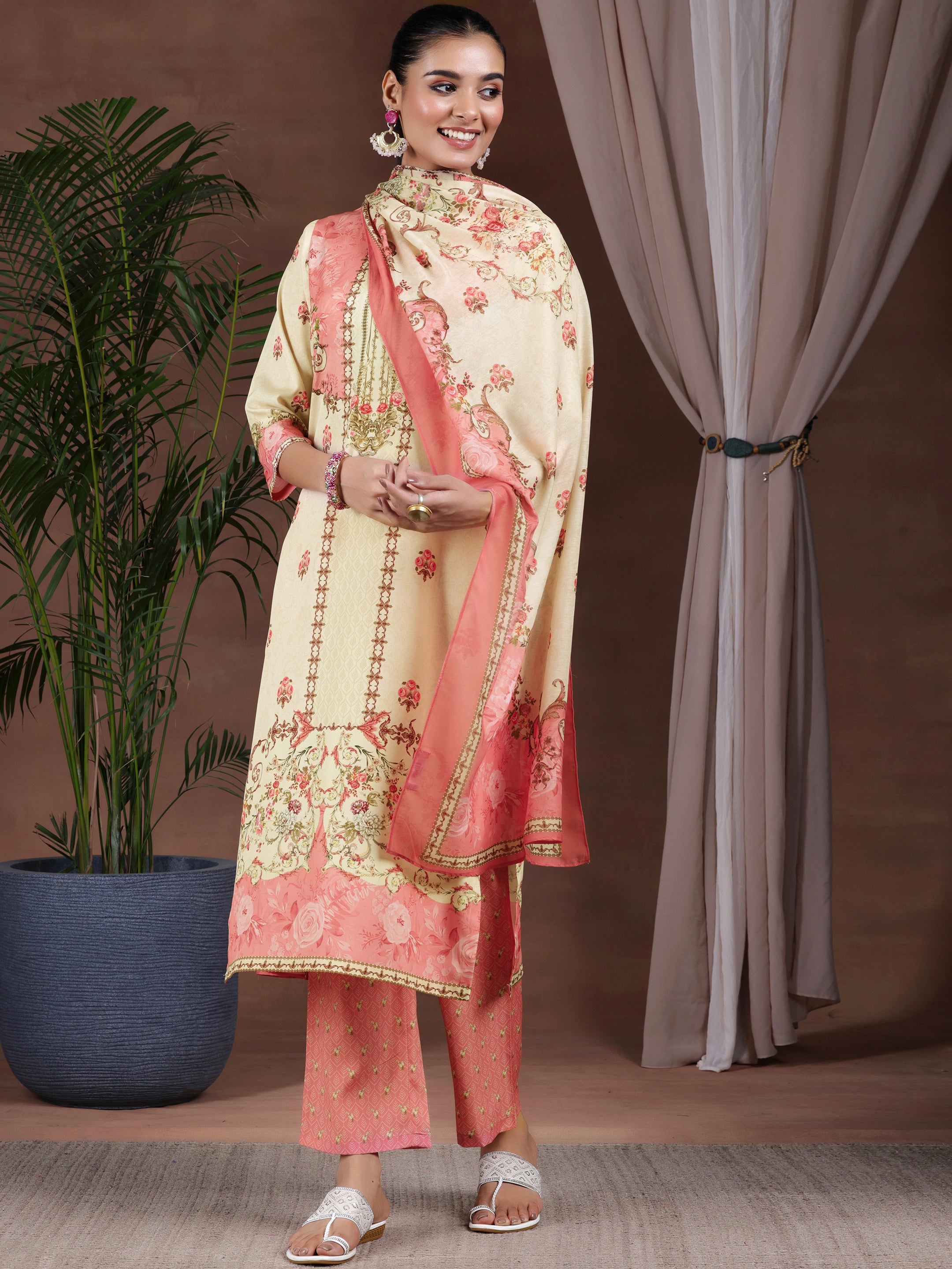 Beige Printed Poly Crepe Straight Suit With Dupatta