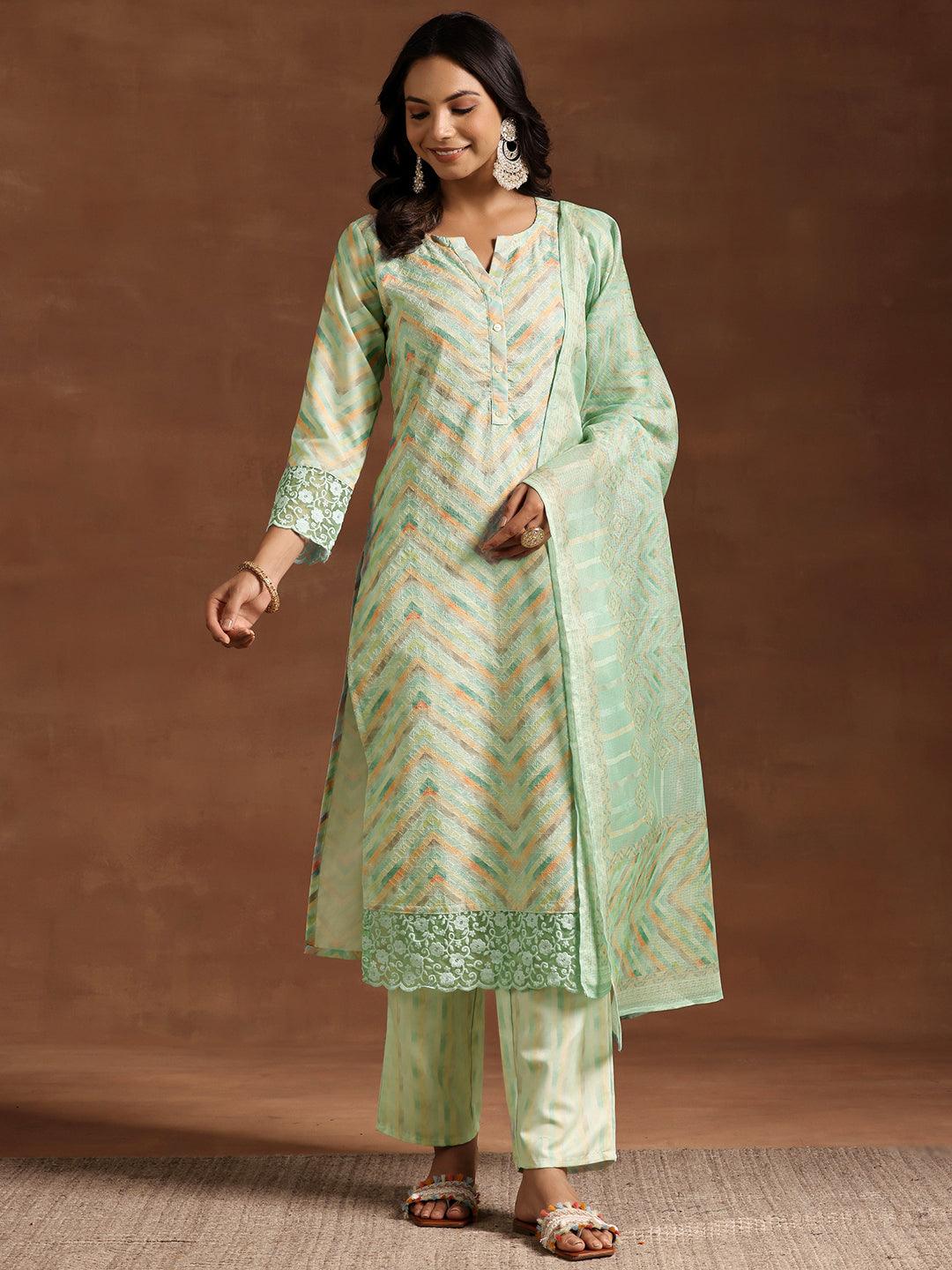 Green Embroidered Cotton Blend Straight Suit With Dupatta