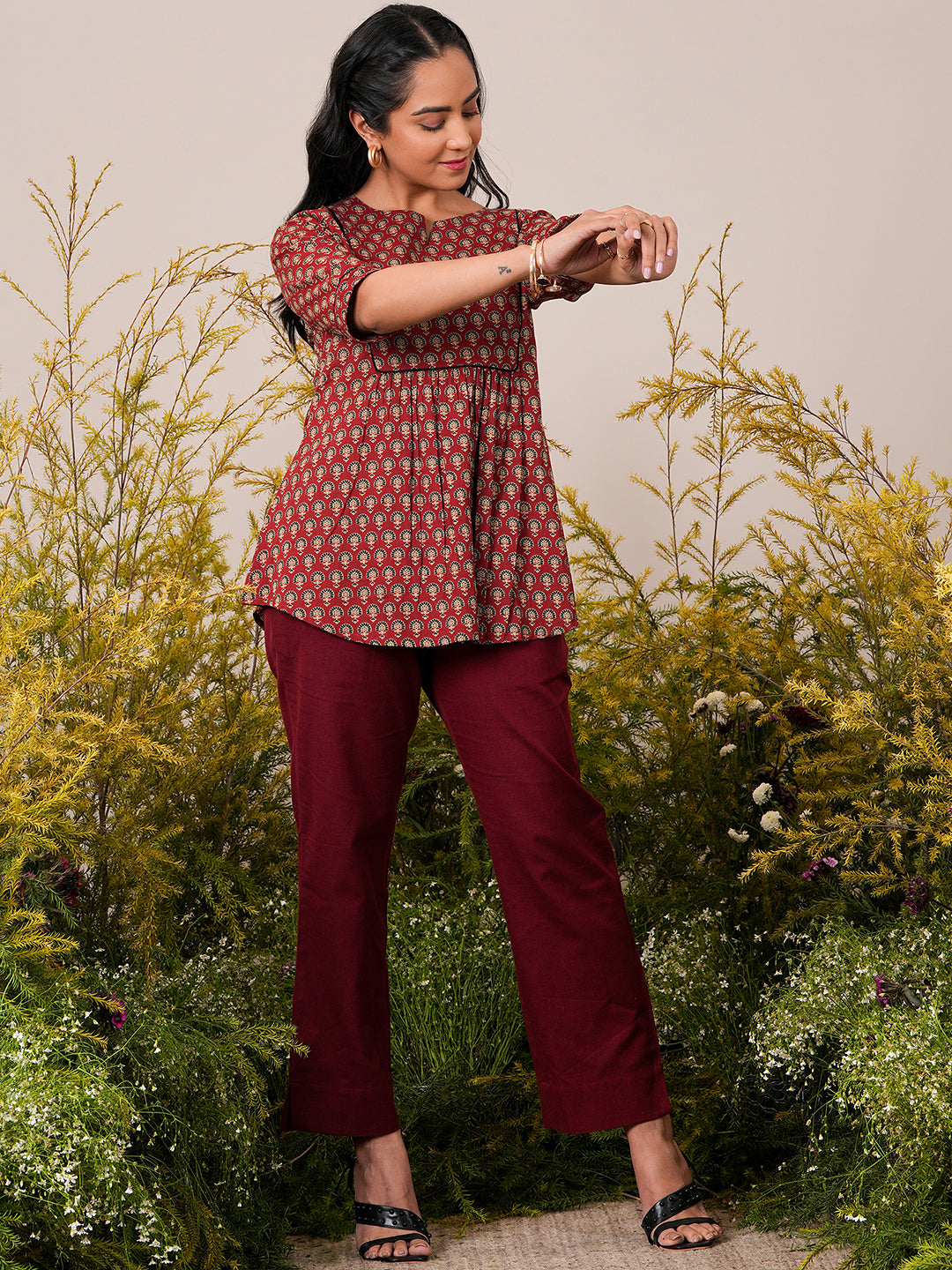 Maroon Printed Cotton A-Line Kurti