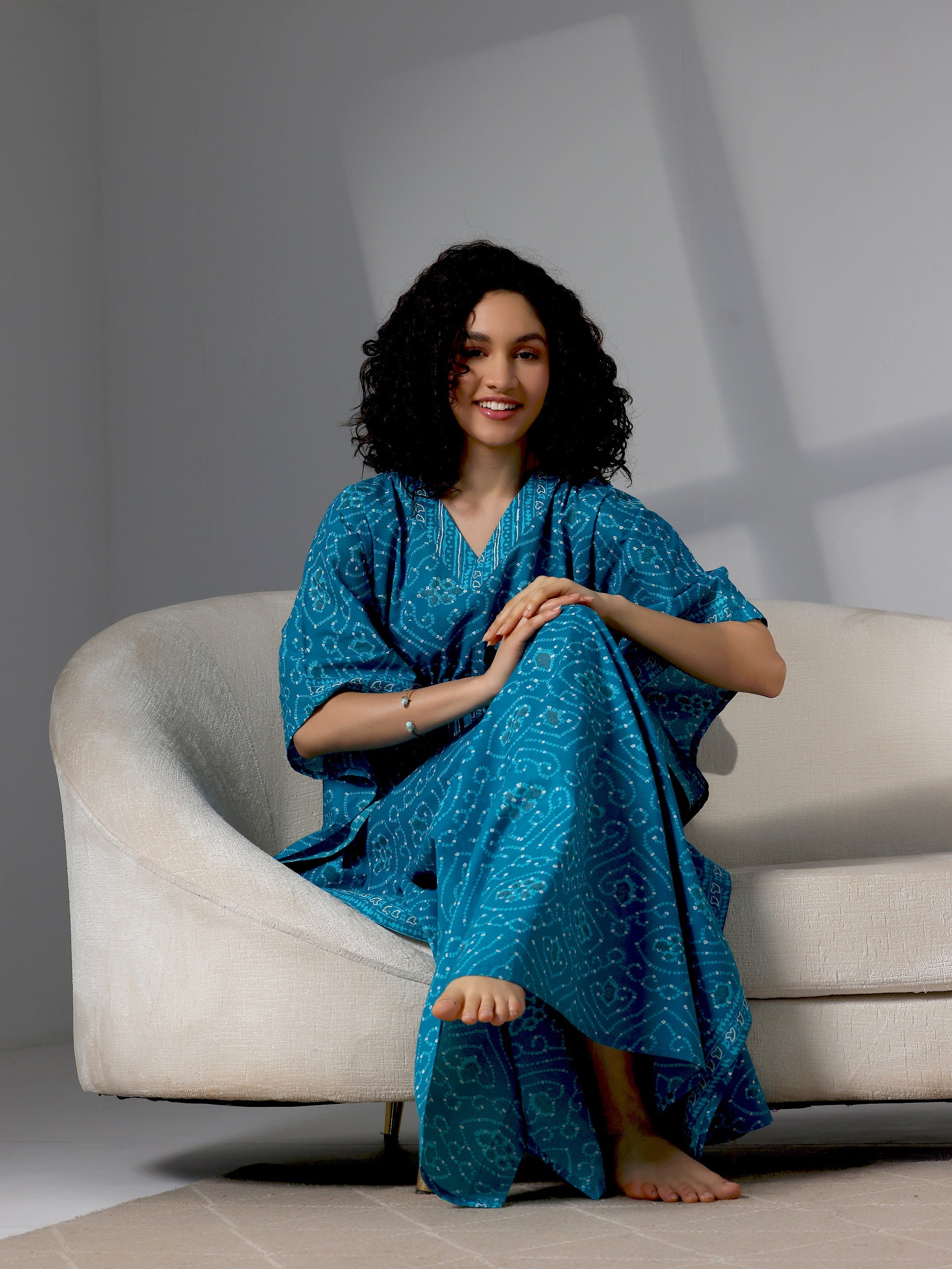 Blue Printed Cotton Kaftan Night Dress