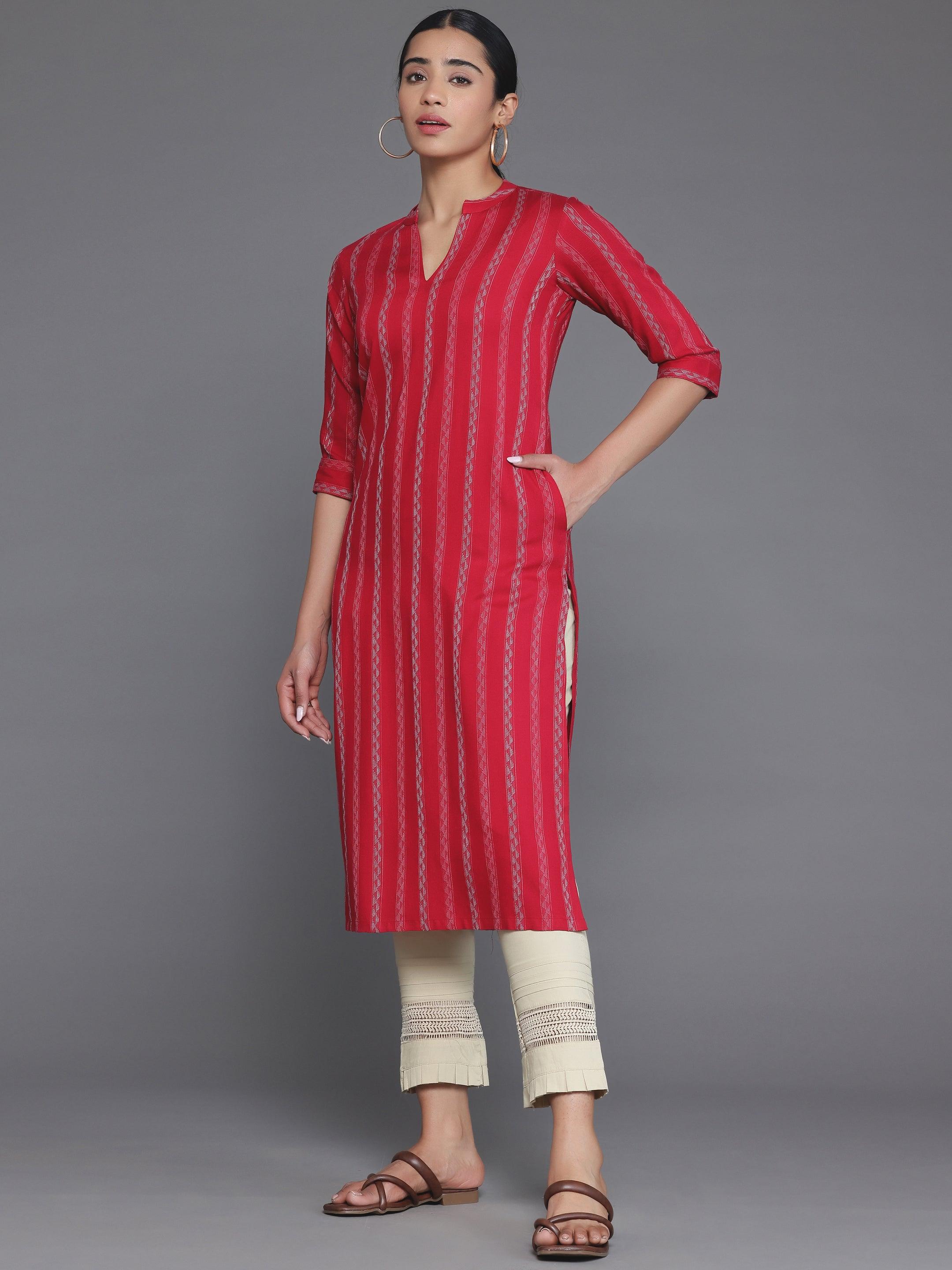 Red Striped Rayon Straight Kurta