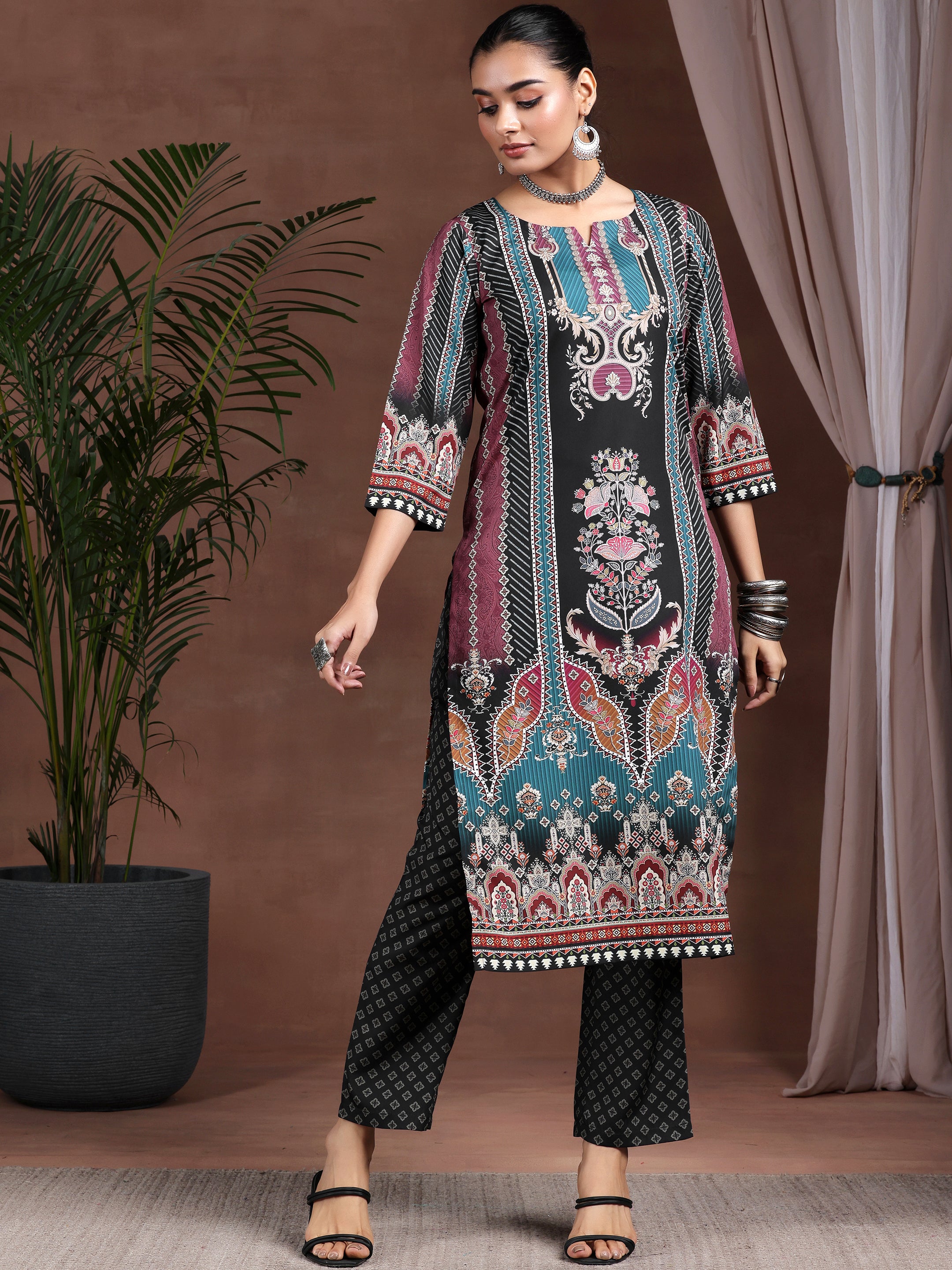 Black Printed Poly Crepe Straight Suit With Dupatta